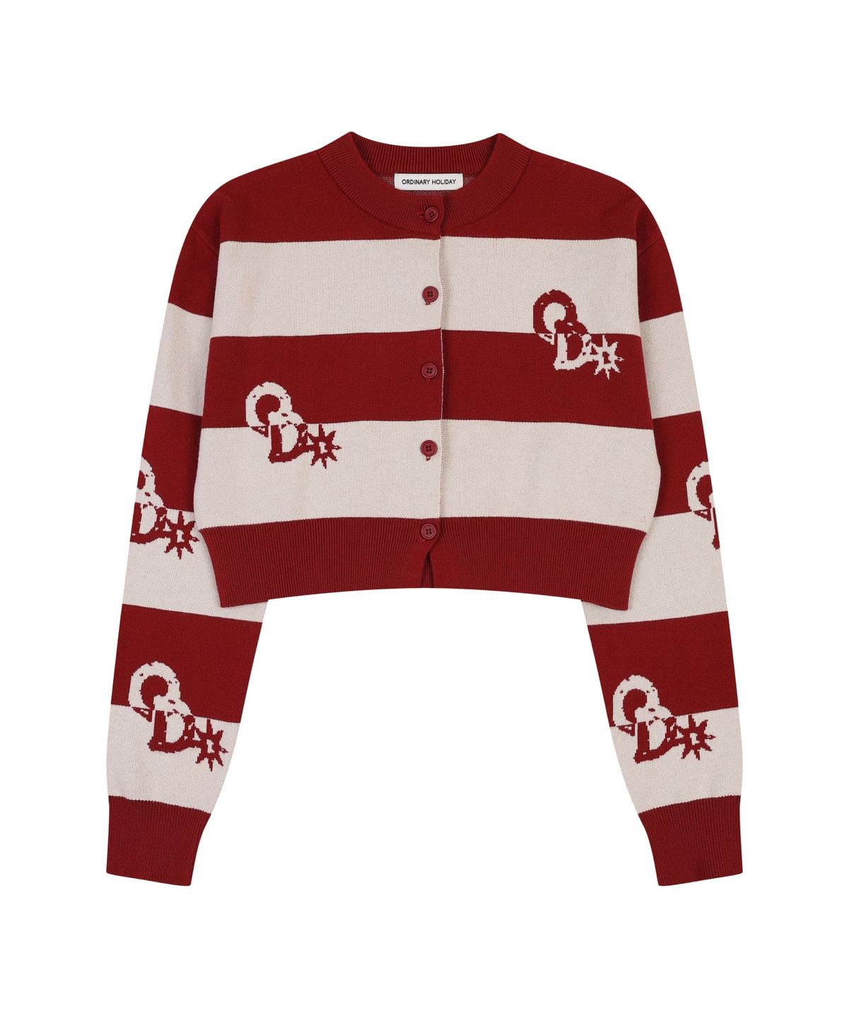 오디너리 홀리데이(ORDINARY HOLIDAY) STRIPE CROP KNIT CARDIGAN [RED]