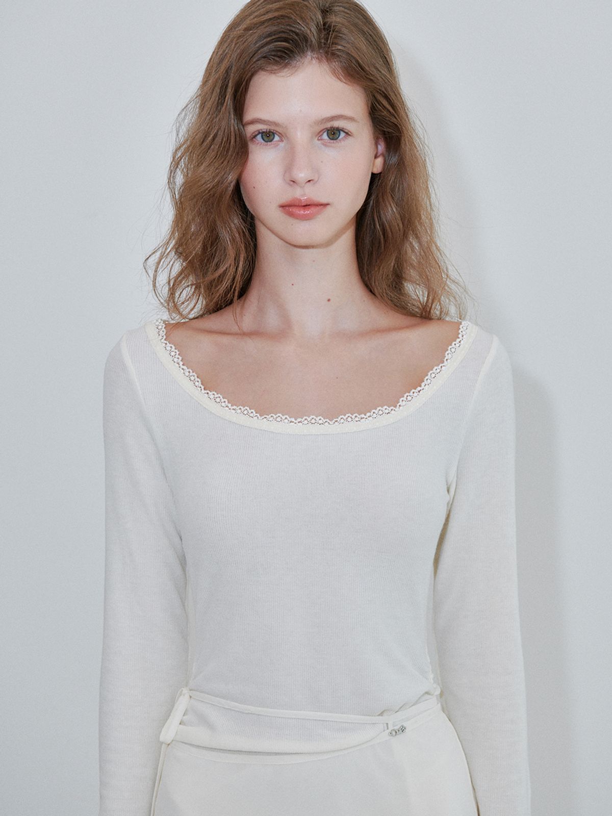 오앨(OUEL) LACE JERSEY MINI DRESS WRAP SKIRT SET_CREAM