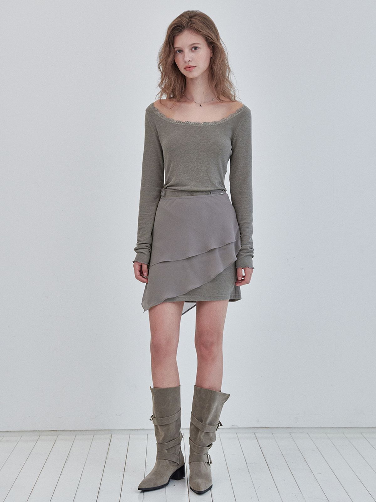 오앨(OUEL) LACE JERSEY MINI DRESS WRAP SKIRT SET_COCOA