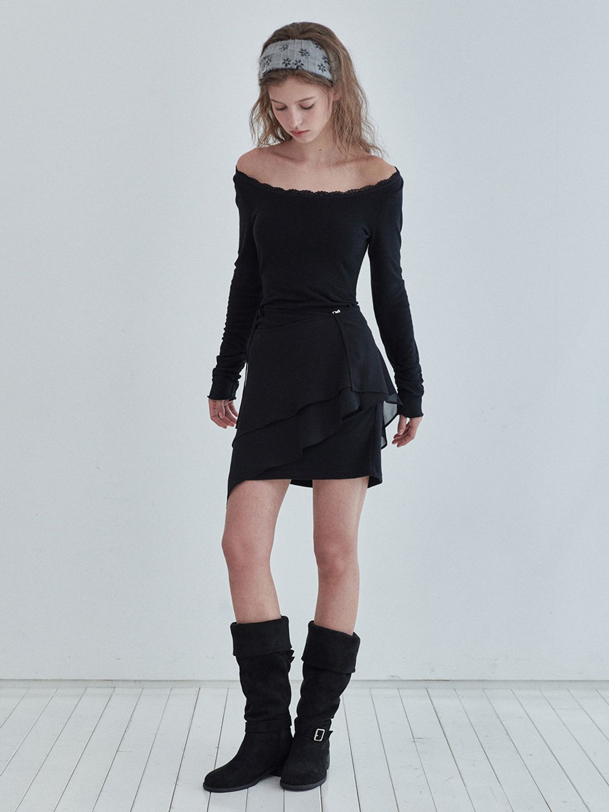 오앨(OUEL) LACE JERSEY MINI DRESS WRAP SKIRT SET_BLACK