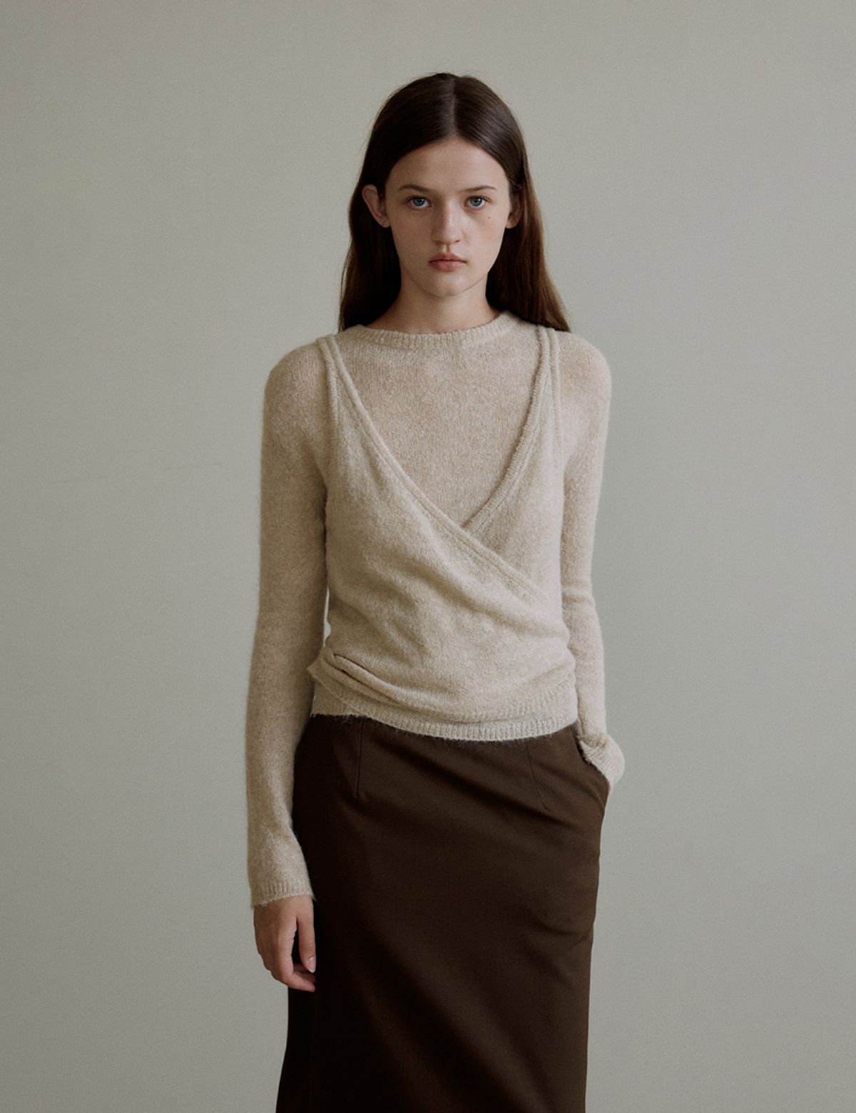 더엘로(THEELO) 2-way Alpaca Round Cardigan Knit (Beige)