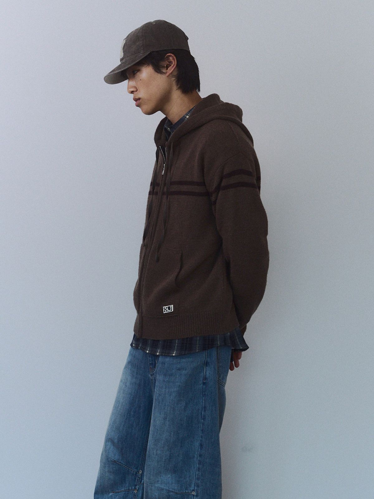 기준 맨(KIJUN MEN) Double Line Knit Hoodie Zip-up Brown