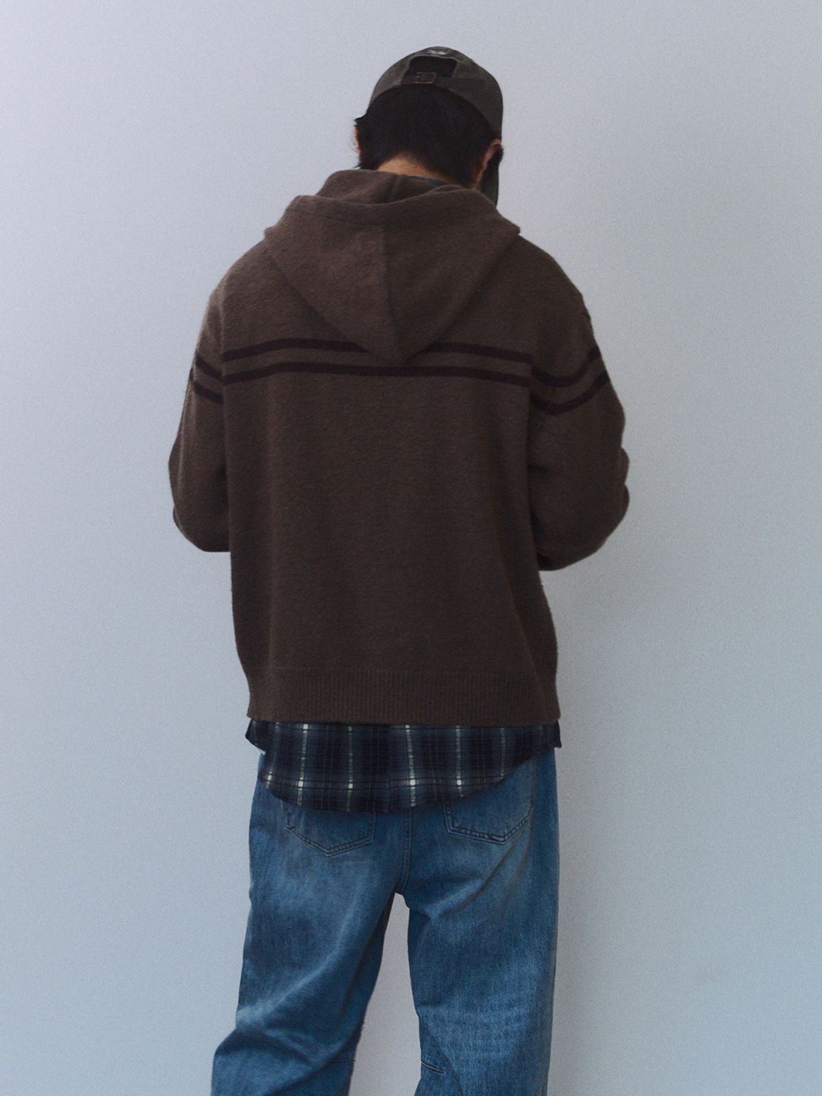 기준 맨(KIJUN MEN) Double Line Knit Hoodie Zip-up Brown