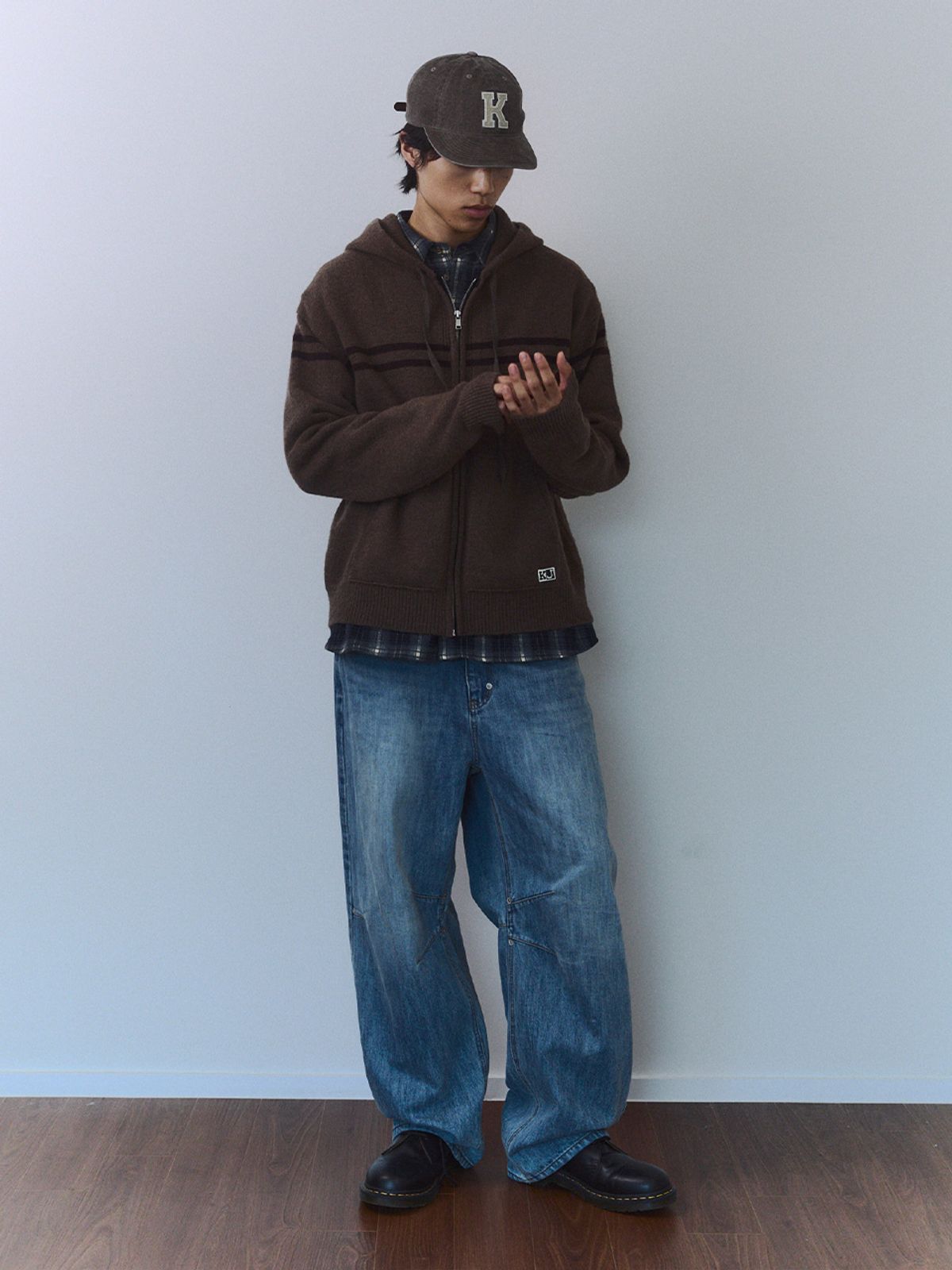 기준 맨(KIJUN MEN) Double Line Knit Hoodie Zip-up Brown