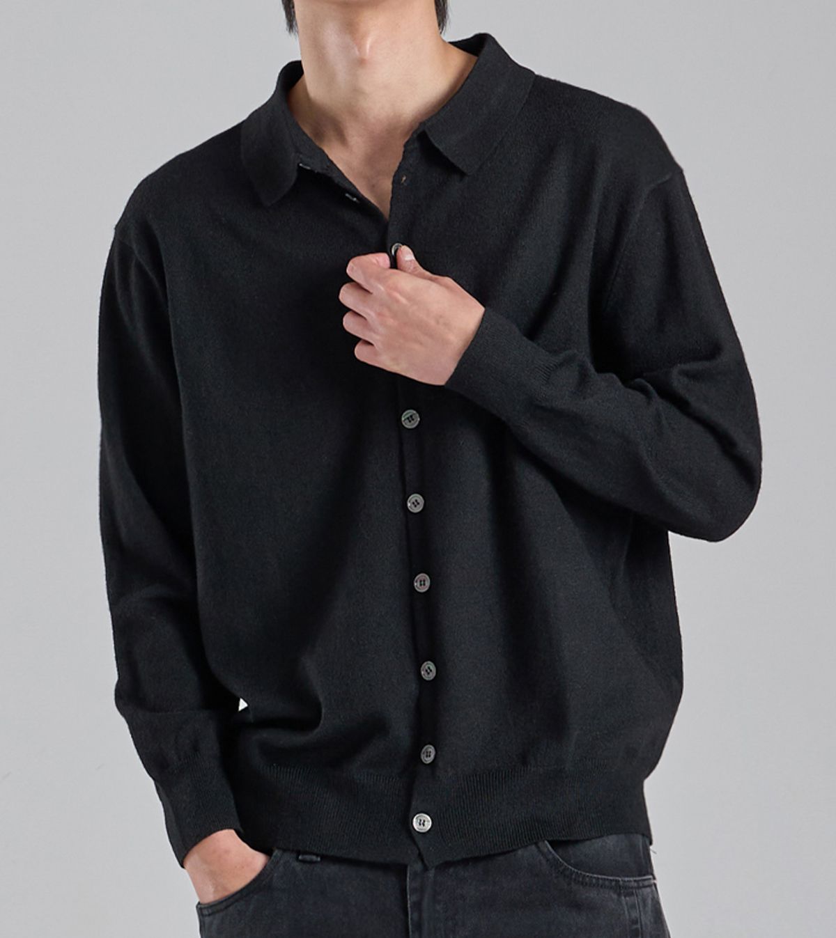 버튼서울(BUTTON SEOUL) 울블렌드 카라 니트 가디건 (블랙)