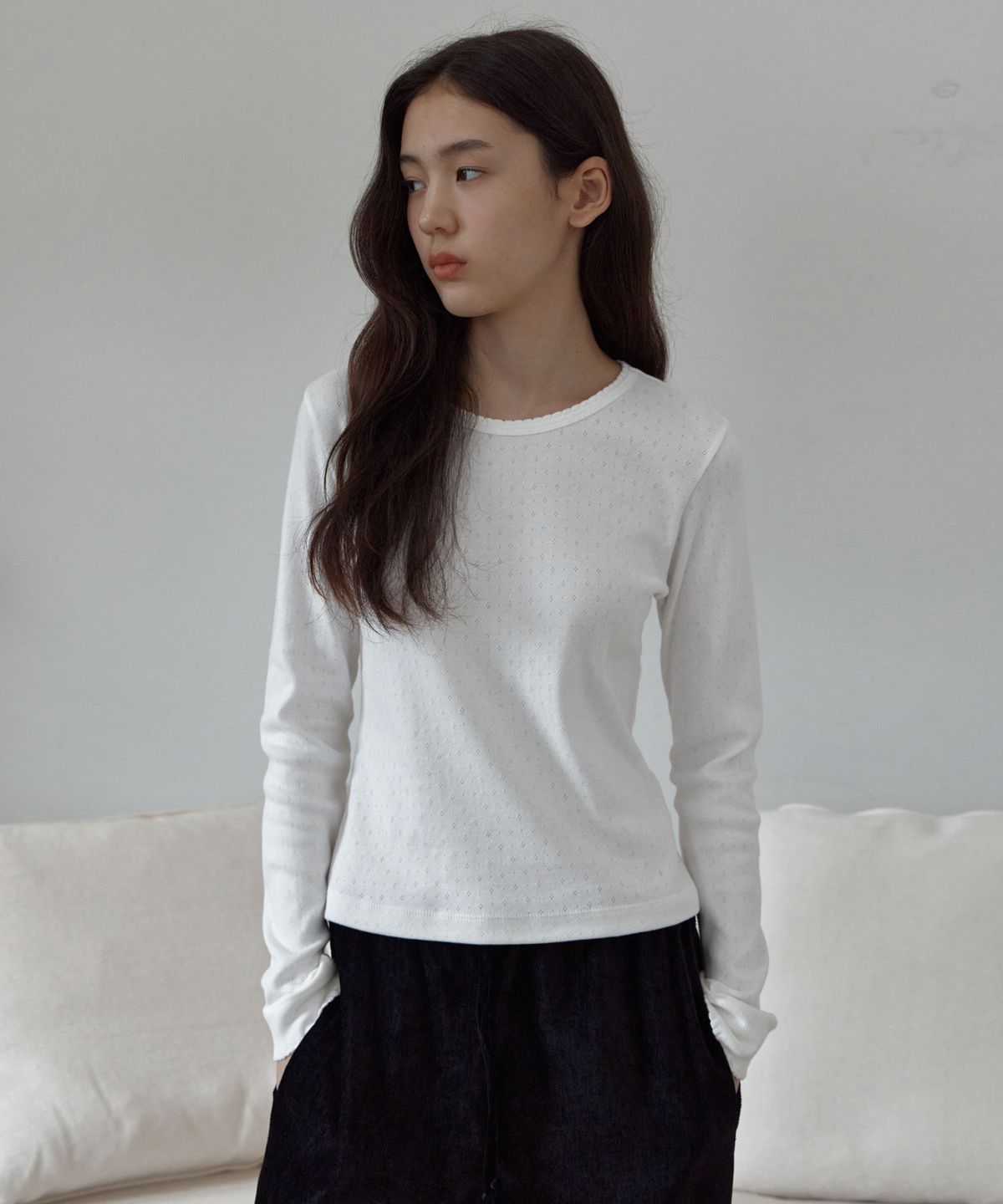 38컴온커먼(38COMEONCOMMON) Pointelle Slim Cotton Tee (White)