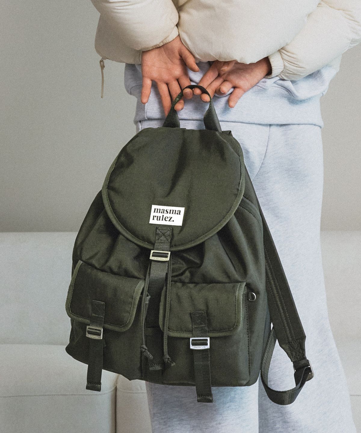 마스마룰즈(MASMARULEZ) Glossy belted flap backpack_Khaki