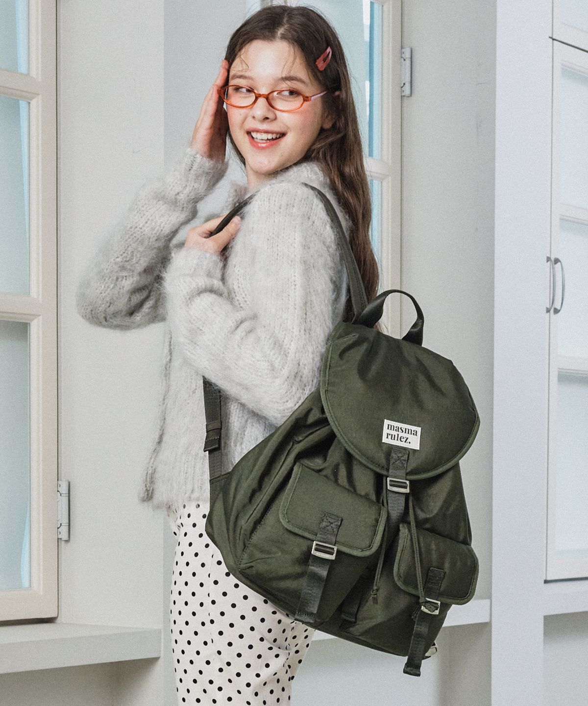 마스마룰즈(MASMARULEZ) Glossy belted flap backpack_Khaki