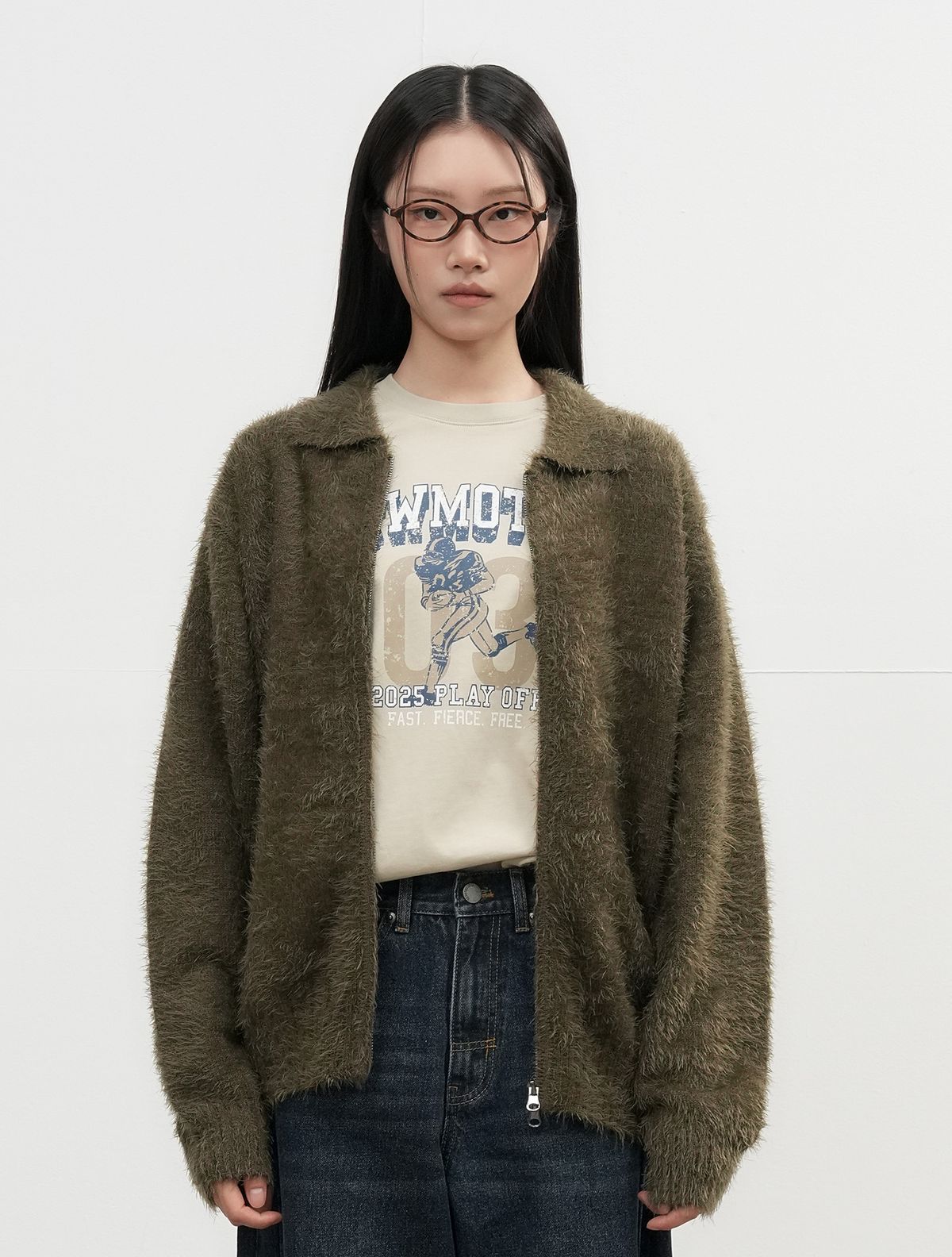 제너럴아이디어(GENERALIDEA) UNISEX 헤어리 집업 카라 가디건 [KHAKI] / SBE4U04009