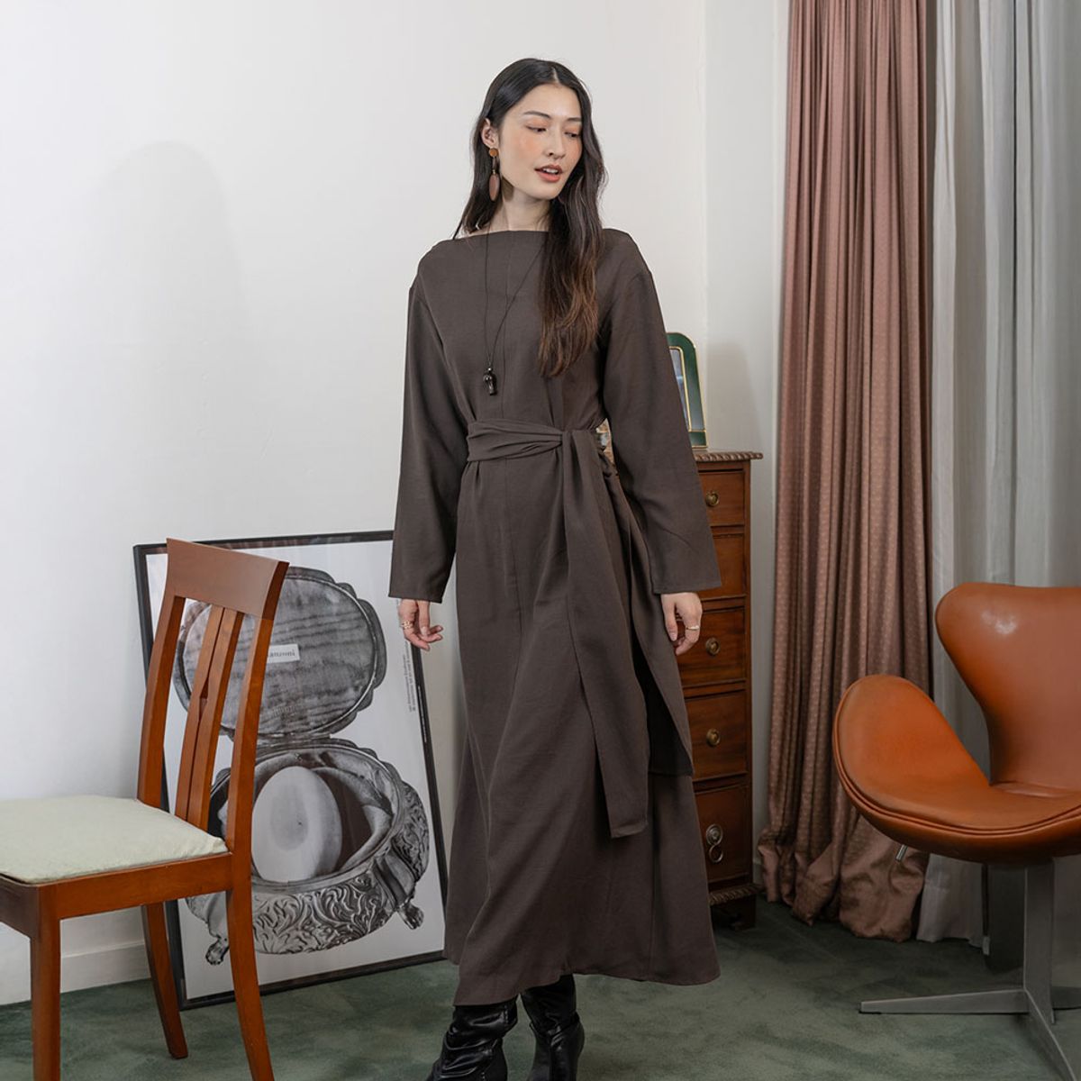 랭썬(LANGSON) LS_One-shoulder waist tie dress_2color