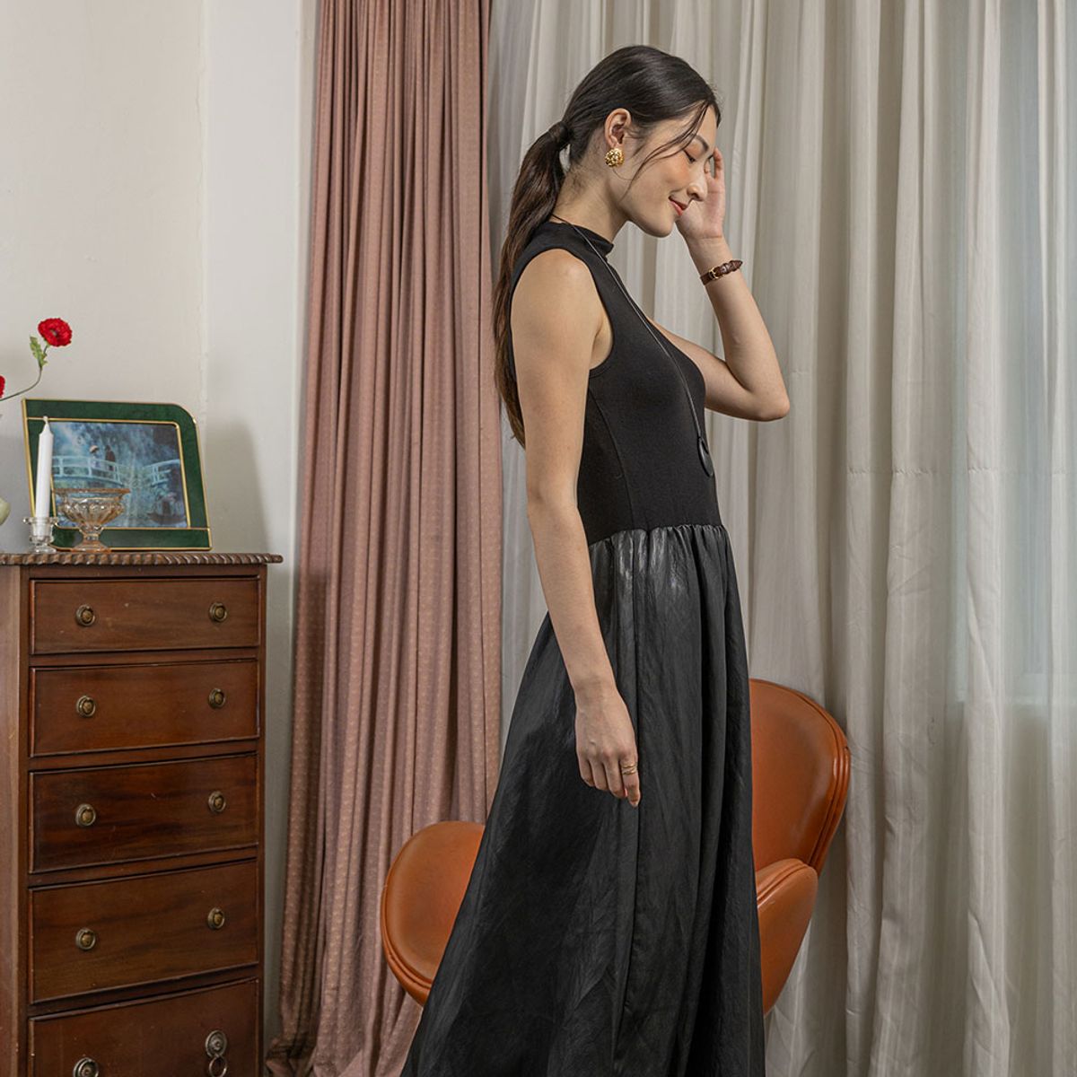 랭썬(LANGSON) LS_Knitted leather half dress_BLACK