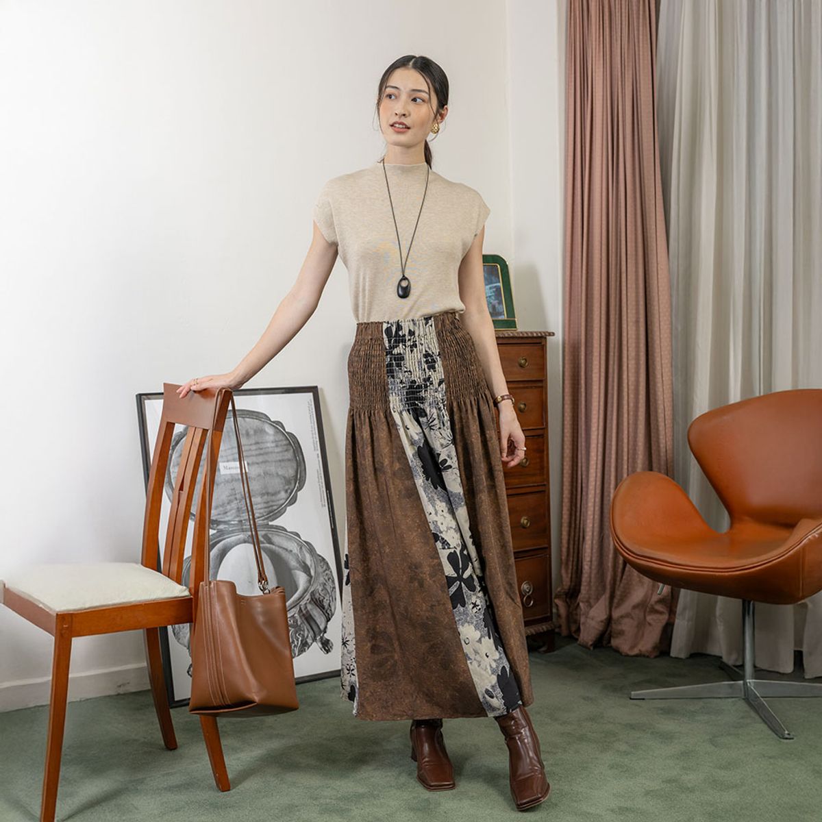 랭썬(LANGSON) LS_Brown patchwork fabric skirt