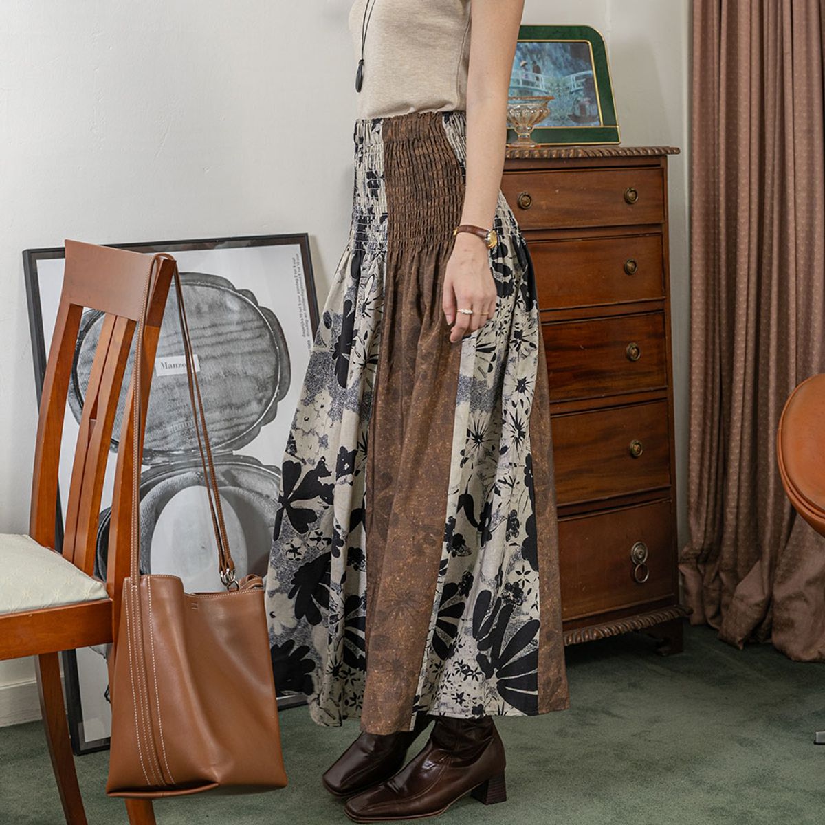 랭썬(LANGSON) LS_Brown patchwork fabric skirt