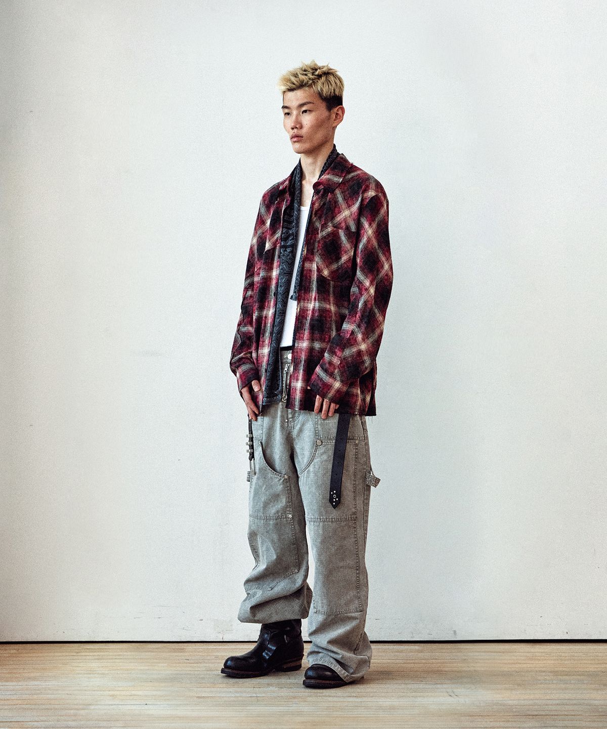 더바이닐하우스(THEVINYLHOUSE) BLEACHED CHECK SHIRTS RED