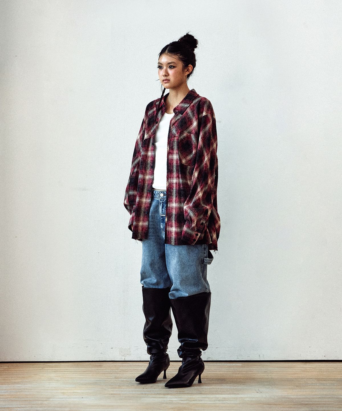 더바이닐하우스(THEVINYLHOUSE) BLEACHED CHECK SHIRTS RED