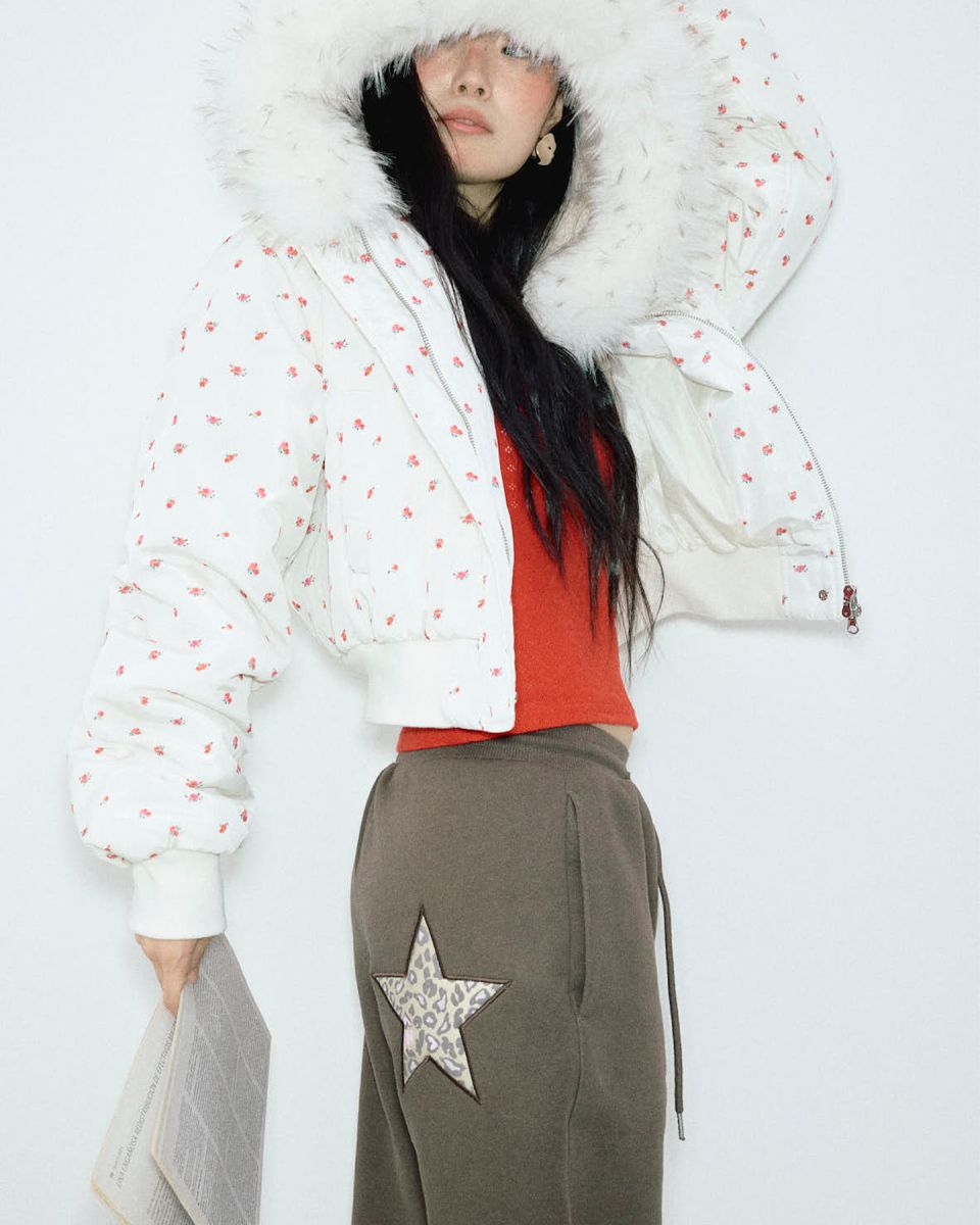 MUSINSA | YOUHEE FLOWER MA-1 FUR HOOD JUMPER IVORY