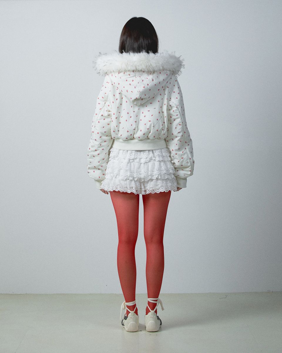 MUSINSA | YOUHEE FLOWER MA-1 FUR HOOD JUMPER IVORY