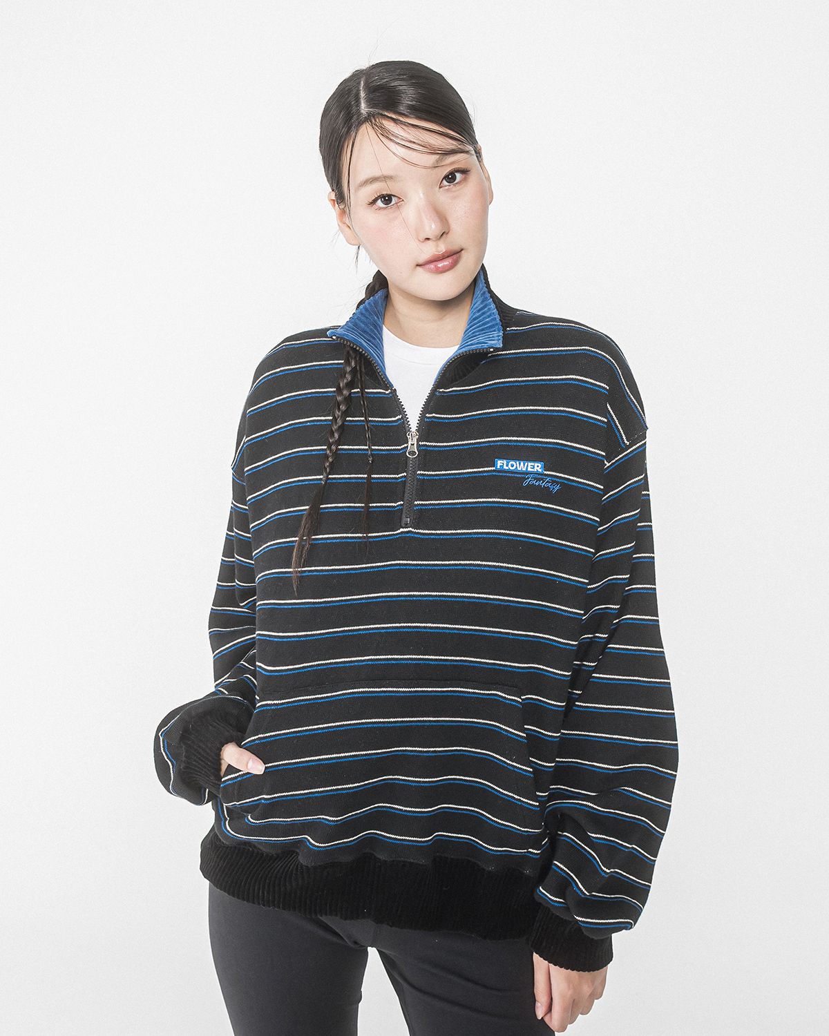 해비즘(HAVISM) FF STRIPE HALF ZIP UP SWEATSHIRT(BLACK)