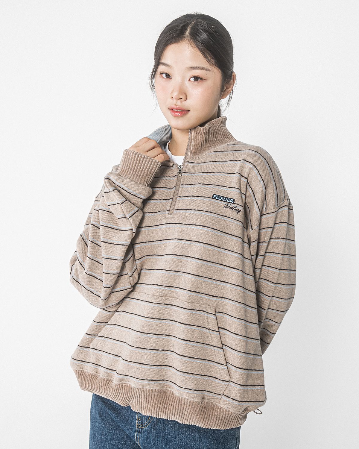 해비즘(HAVISM) FF STRIPE HALF ZIP UP SWEATSHIRT(MOCHA BEIGE)