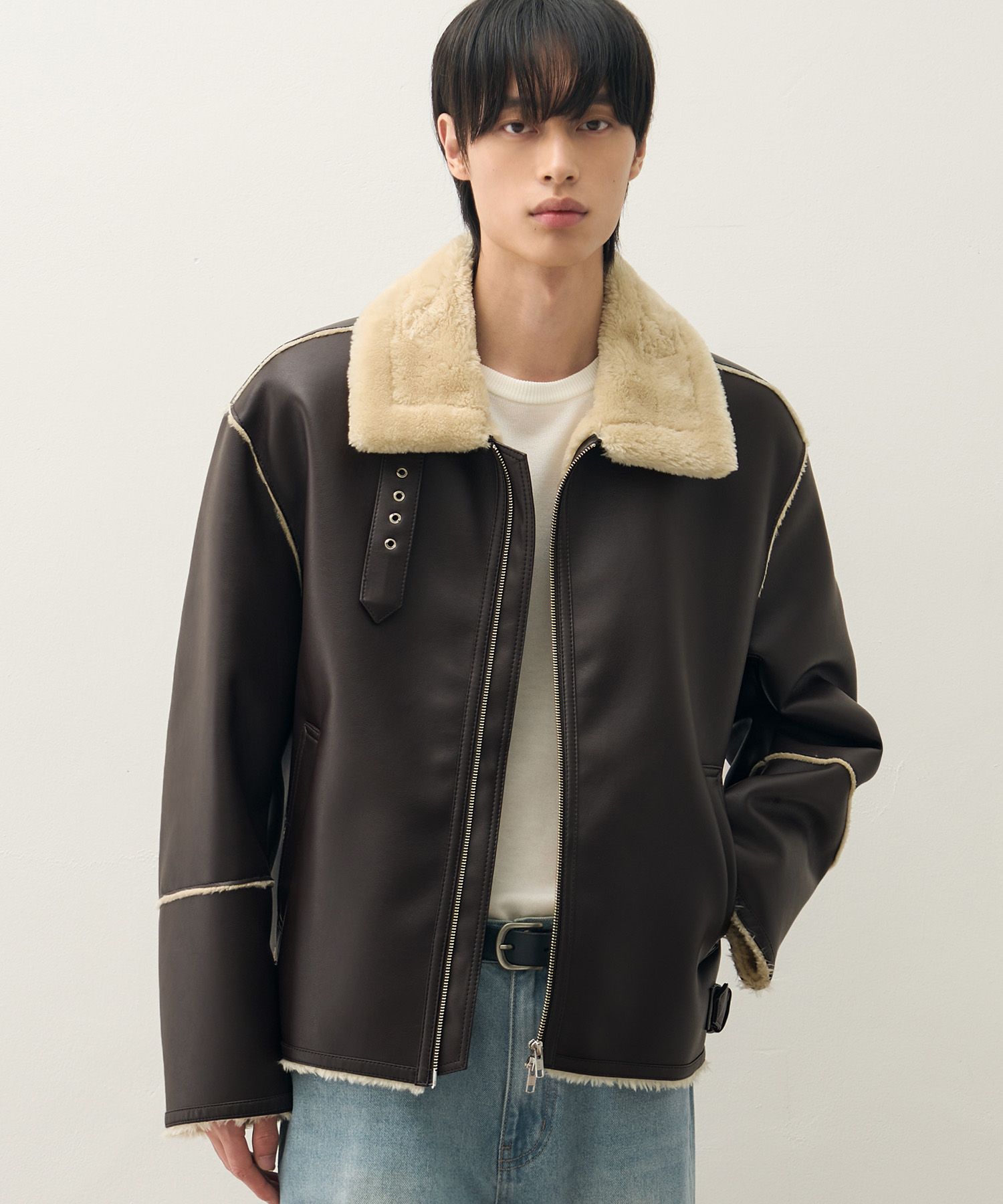 MUSINSA公式 | DRAW FIT オーバーサイズラインムートンジャケット[BROWN]