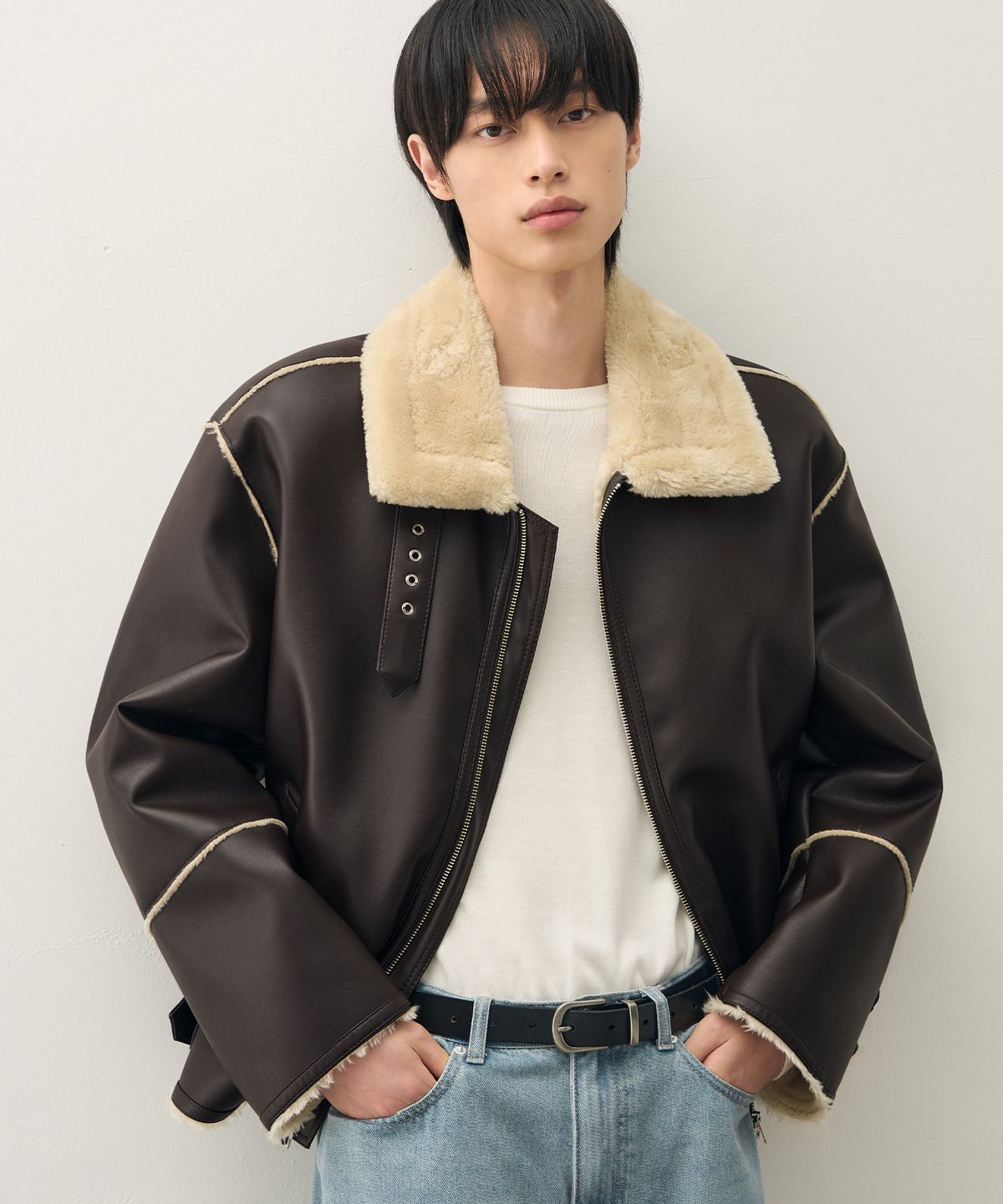 드로우핏(DRAW FIT) 오버사이즈 라인 무스탕 자켓 [BROWN]
