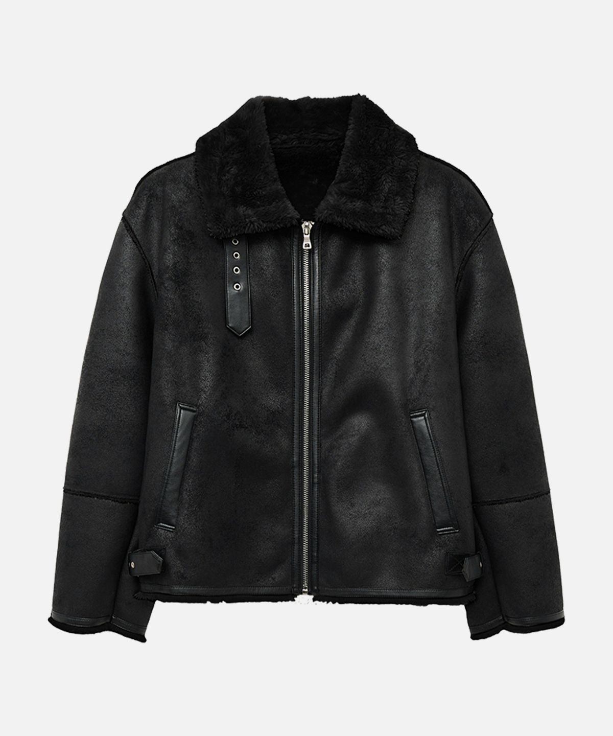 드로우핏(DRAW FIT) 오버사이즈 스웨이드 라인 무스탕 자켓 [ALL BLACK]