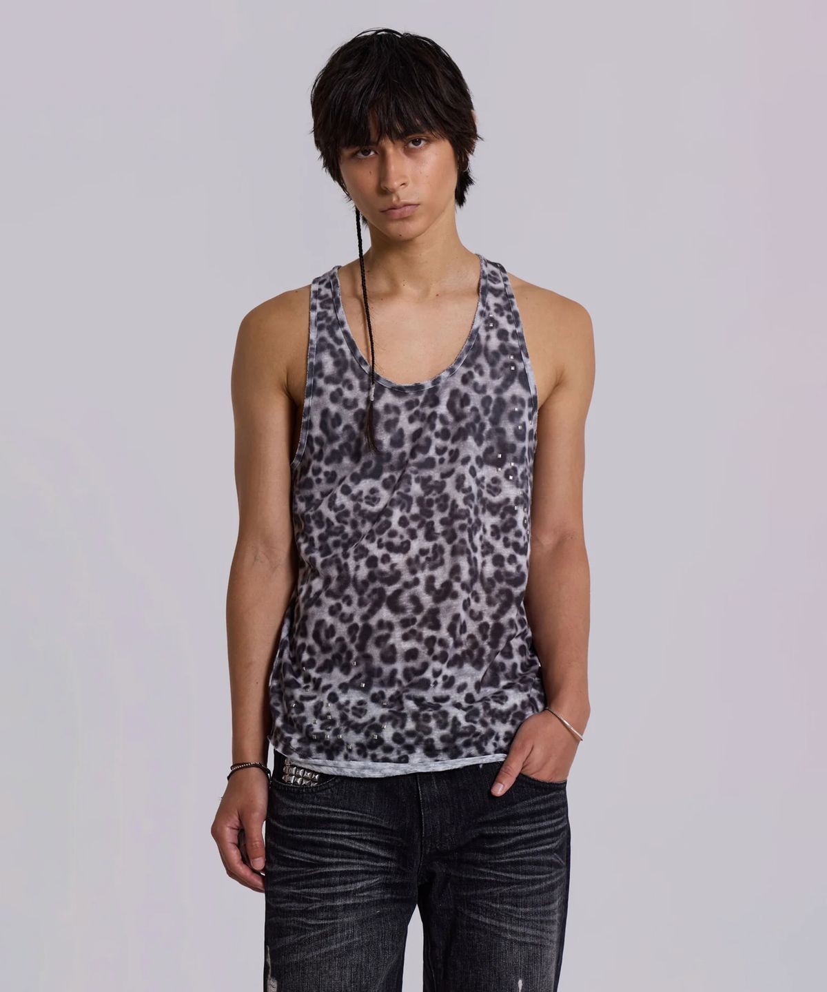제이디드 런던(JADED LONDON) (U) 그레이 레오파드 스터드 탱크 에스비 멀티 GREY LEOPARD STUD TANK SB MULTI