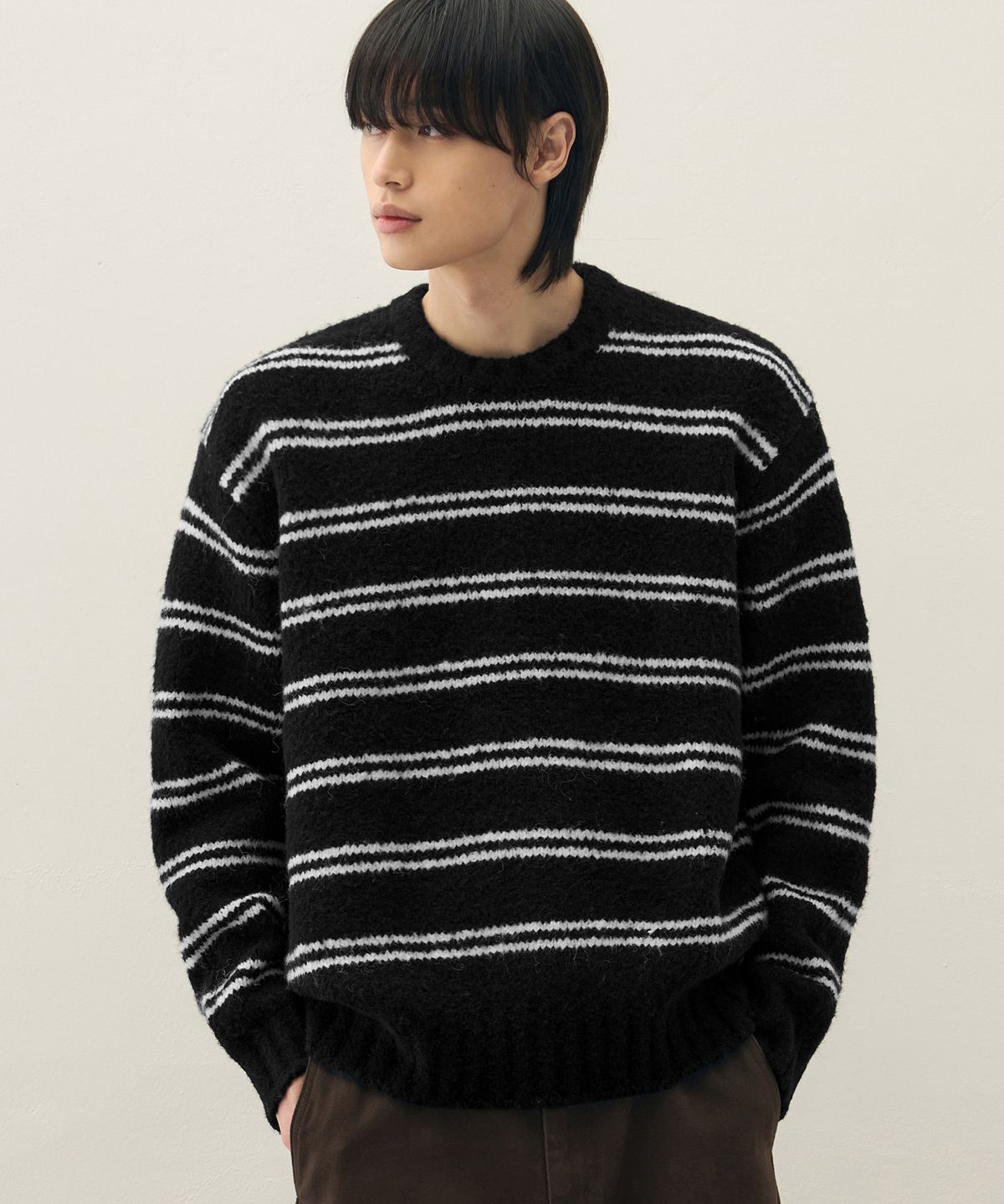 드로우핏(DRAW FIT) 울 헤어리 스트라이프 풀오버 니트 [BLACK]