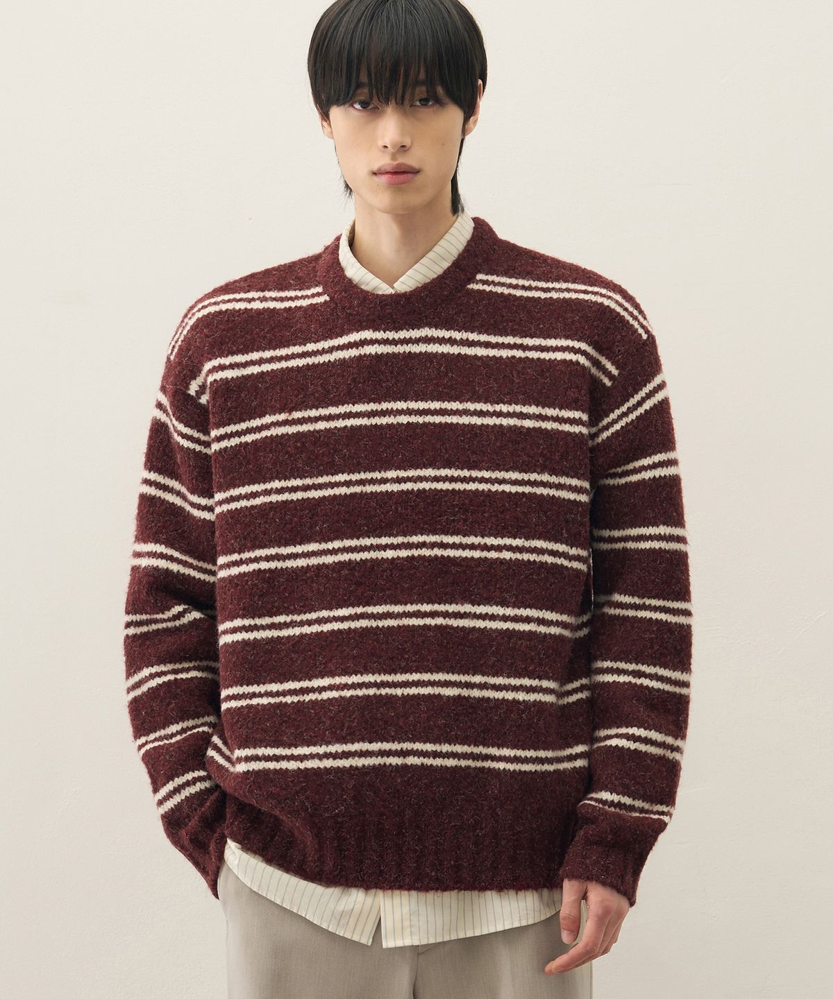드로우핏(DRAW FIT) 울 헤어리 스트라이프 풀오버 니트 [DARK RED]