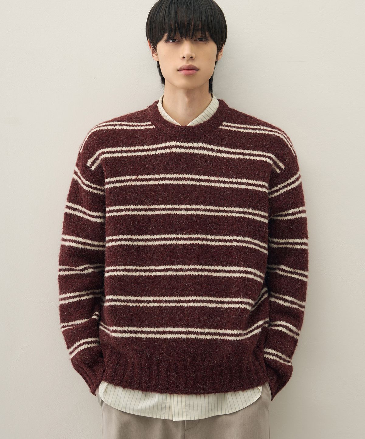 드로우핏(DRAW FIT) 울 헤어리 스트라이프 풀오버 니트 [DARK RED]