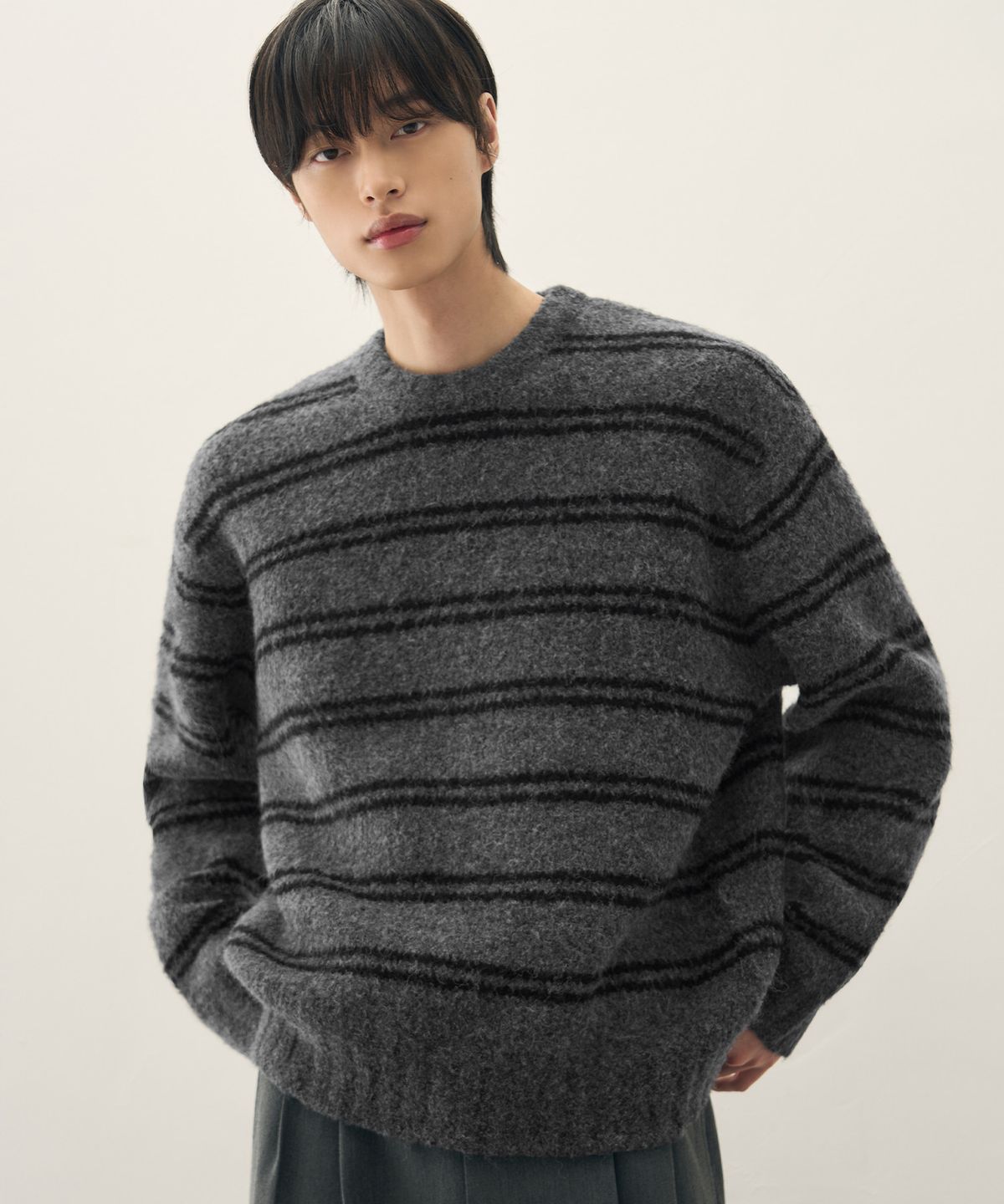 드로우핏(DRAW FIT) 울 헤어리 스트라이프 풀오버 니트 [MELANGE GREY]
