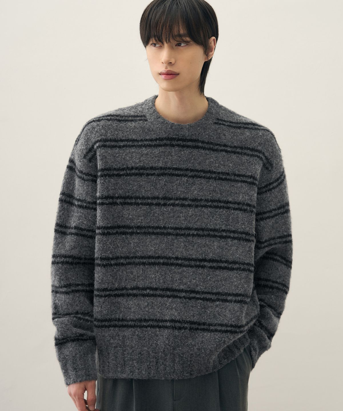 드로우핏(DRAW FIT) 울 헤어리 스트라이프 풀오버 니트 [MELANGE GREY]