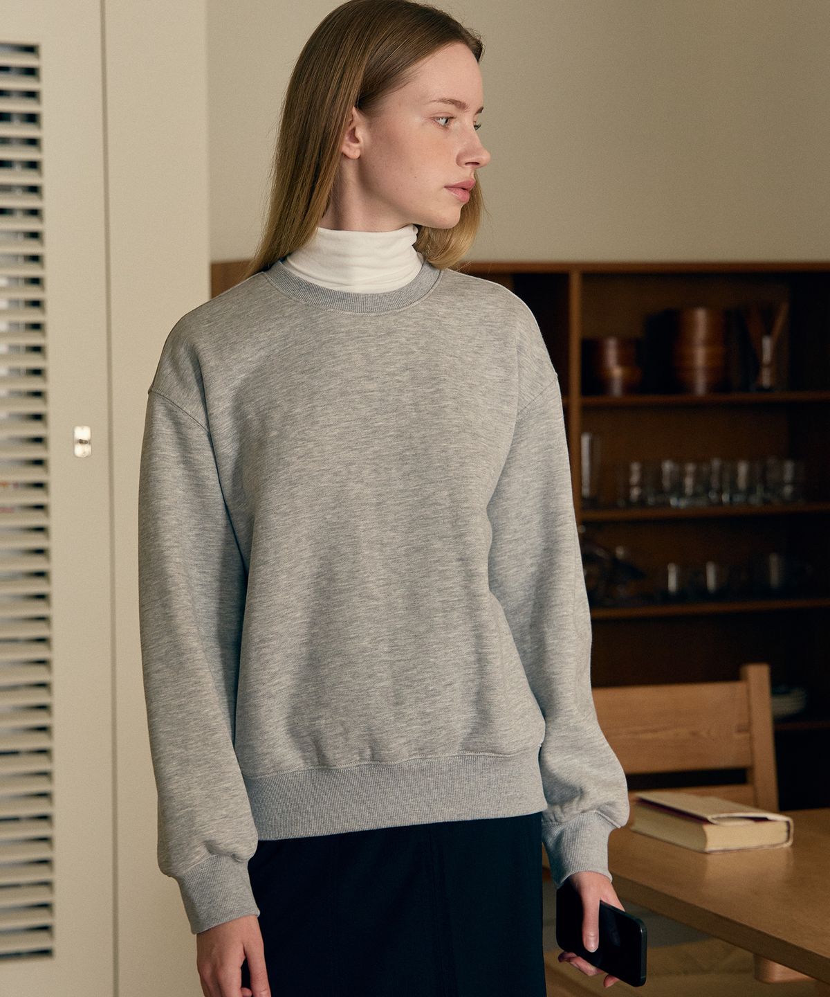 베이직하우스(BASIC HOUSE) 여성  베이직 기모쭈리 맨투맨 멜란지그레이