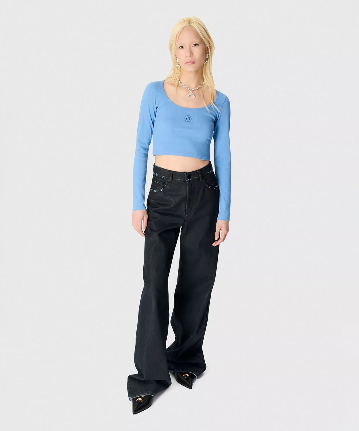 마린 세르(MARINE SERRE) (W) 문 로고 저지 롱슬리브 라운드넥 탑 블루 MOON LOGO JERSEY LS ROUNDNECK TOP BB01 BLUE BONNET