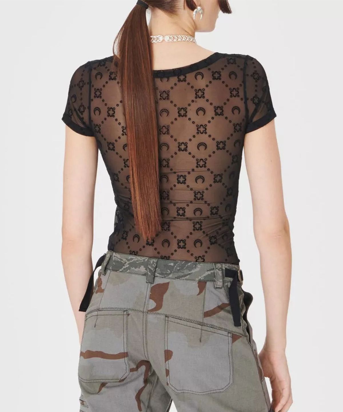 마린 세르(MARINE SERRE) (W) 무노그램 매쉬 플록 숏슬리브 라운드넥 탑 블랙 MOONOGRAM MESH FLOCK SS ROUNDNECK TOP BK99 BLACK