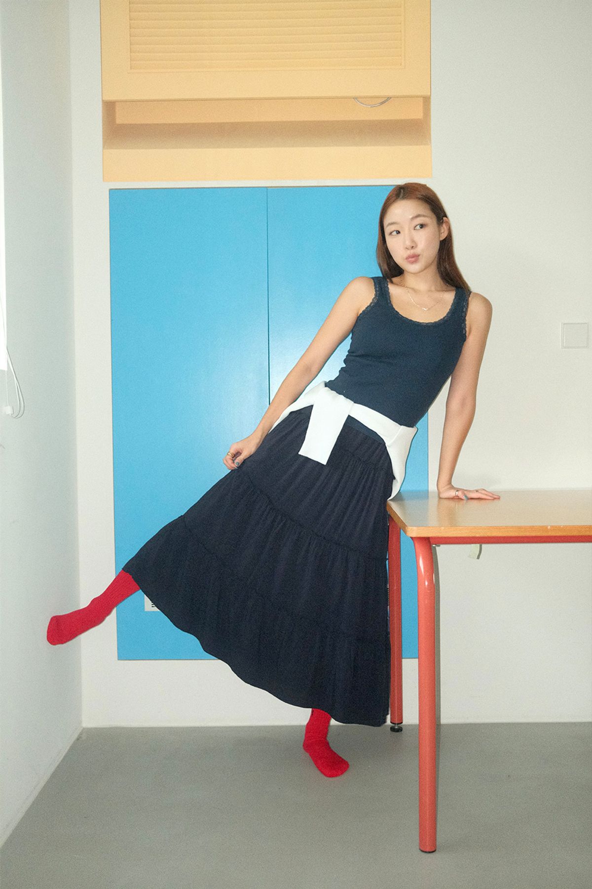 홈바디띵즈(HOMEBODY THINGS) Maxi Shirring Flare Skirt (NAVY)