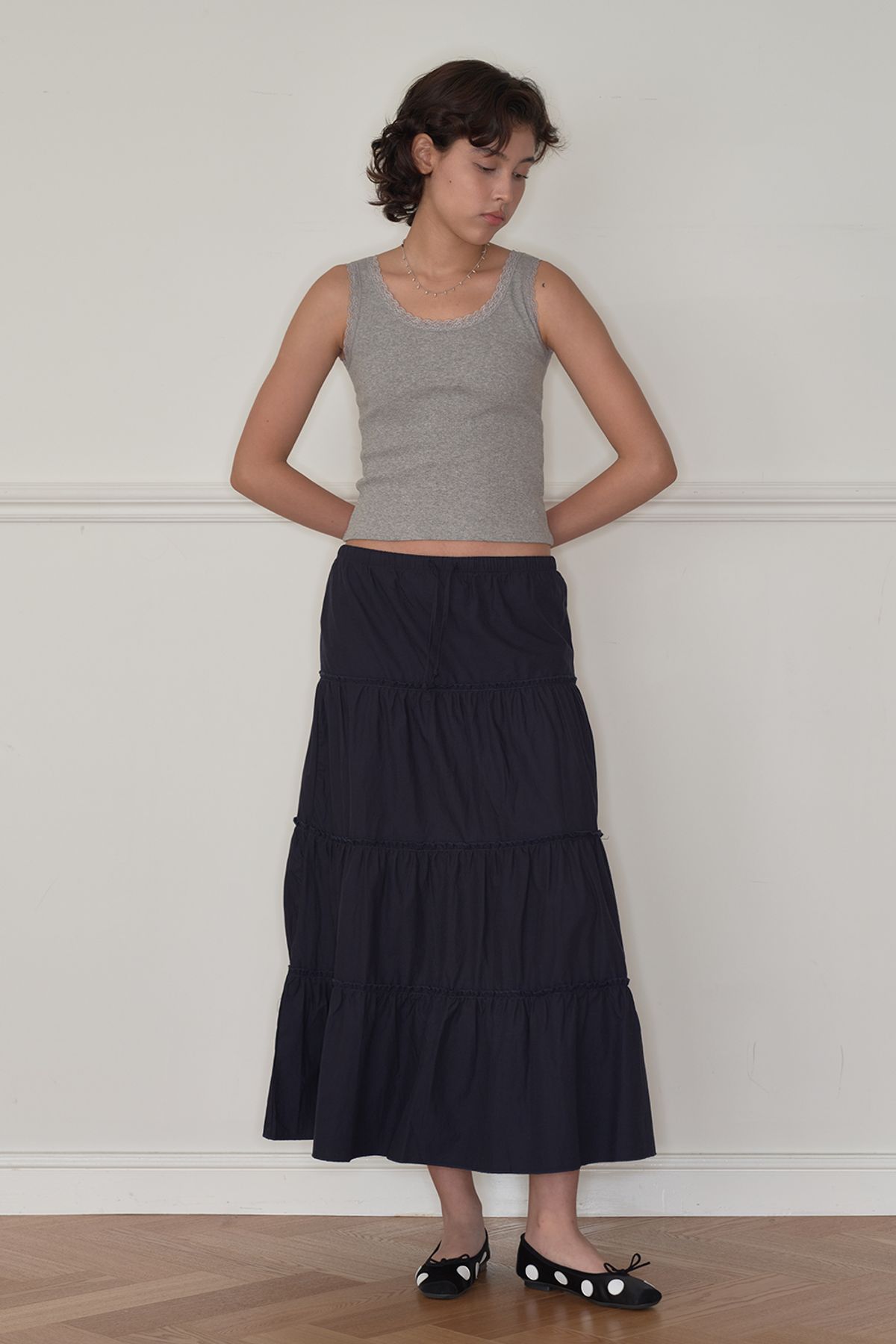 홈바디띵즈(HOMEBODY THINGS) Maxi Shirring Flare Skirt (NAVY)