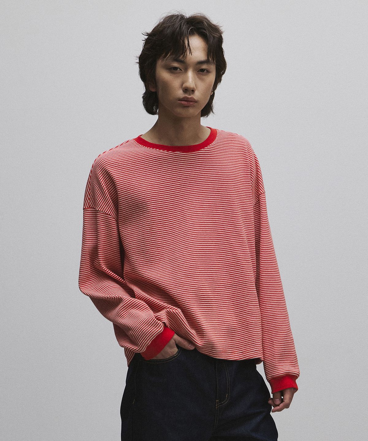롤링스튜디오(ROLLINGSTUDIOS) DROP SHOULDER COTTON STRIPED T-SHIRT RED
