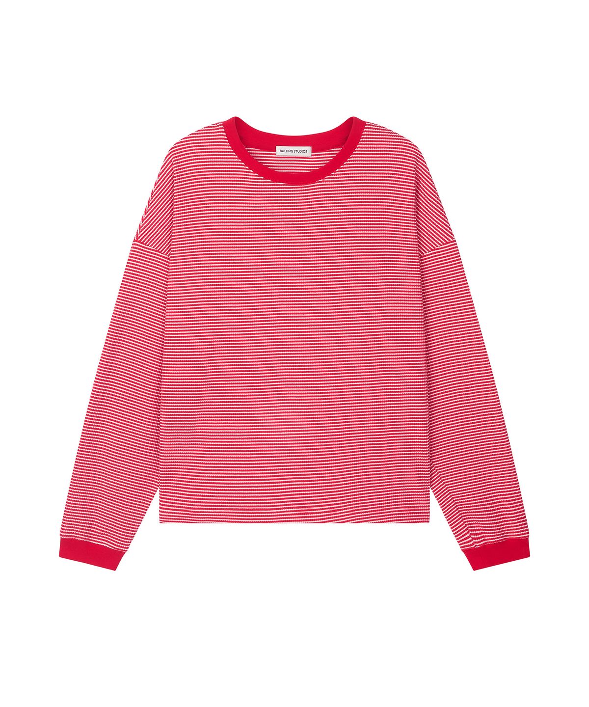 롤링스튜디오(ROLLINGSTUDIOS) DROP SHOULDER COTTON STRIPED T-SHIRT RED