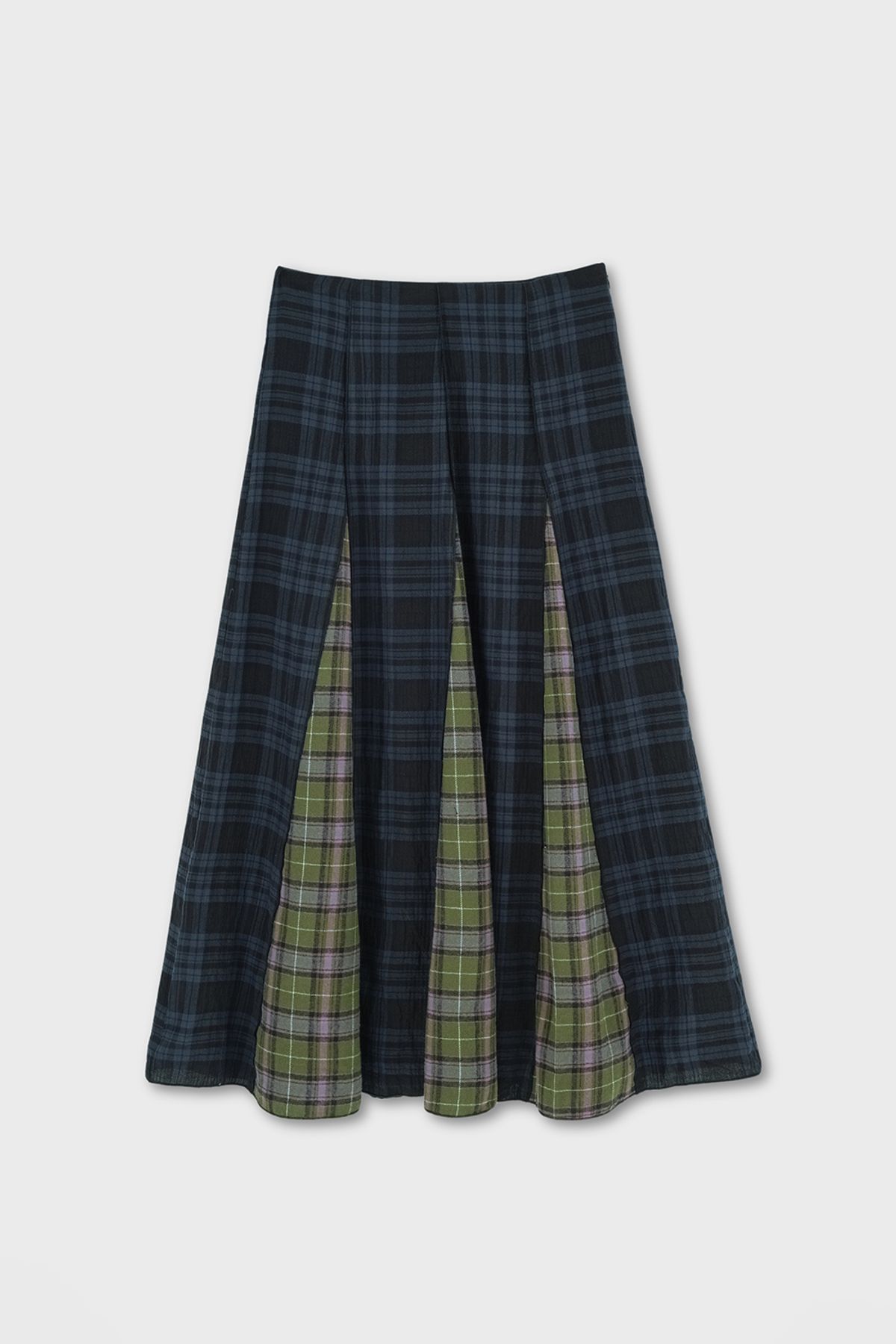 홈바디띵즈(HOMEBODY THINGS) HBT CHECK PATTERN FLARE SKIRT (NAVY-GREEN)