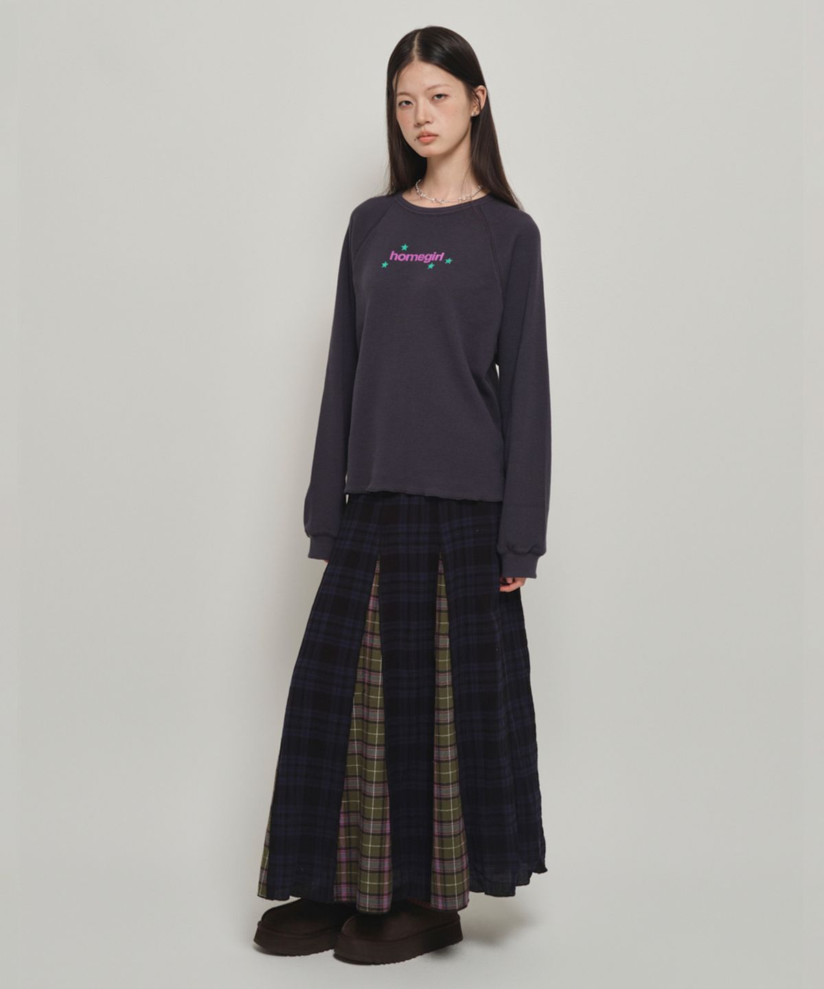 홈바디띵즈(HOMEBODY THINGS) HBT CHECK PATTERN FLARE SKIRT (NAVY-GREEN)