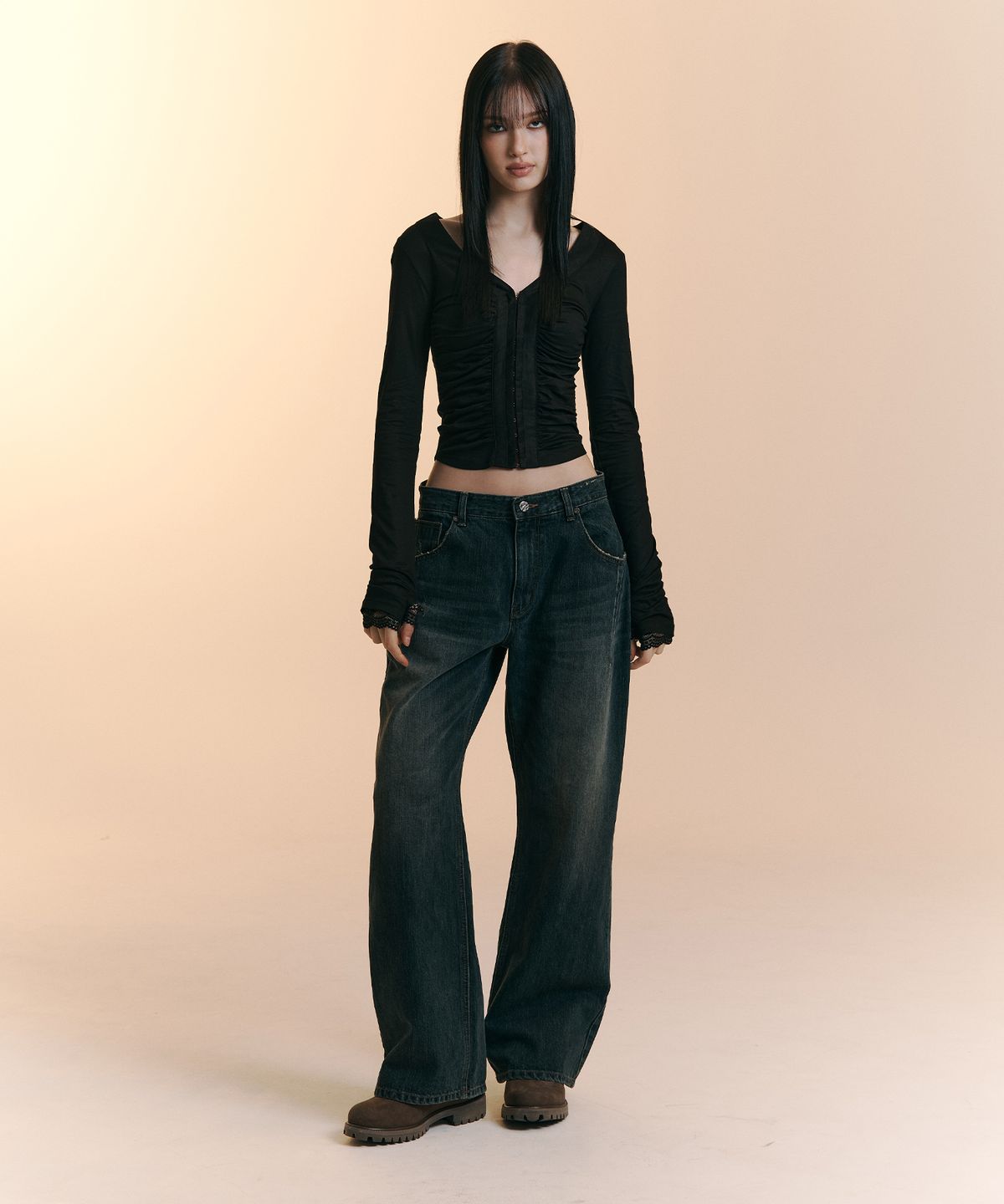 플리즈노팔로우(PLEASENOFOLLOW) 25Damaged Washing Wide Denim (Washed Deep Blue)