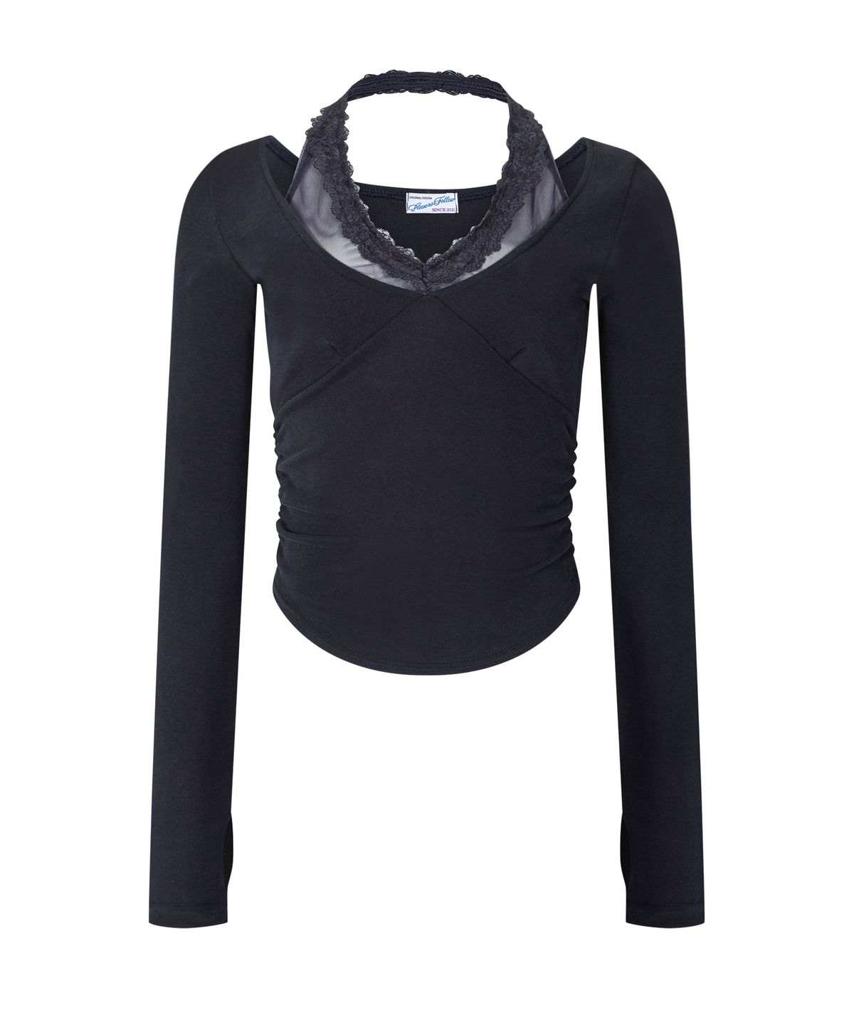 플리즈노팔로우(PLEASENOFOLLOW) Amelia Lace Halter Long Sleeve Top  (Cool Charcoal)