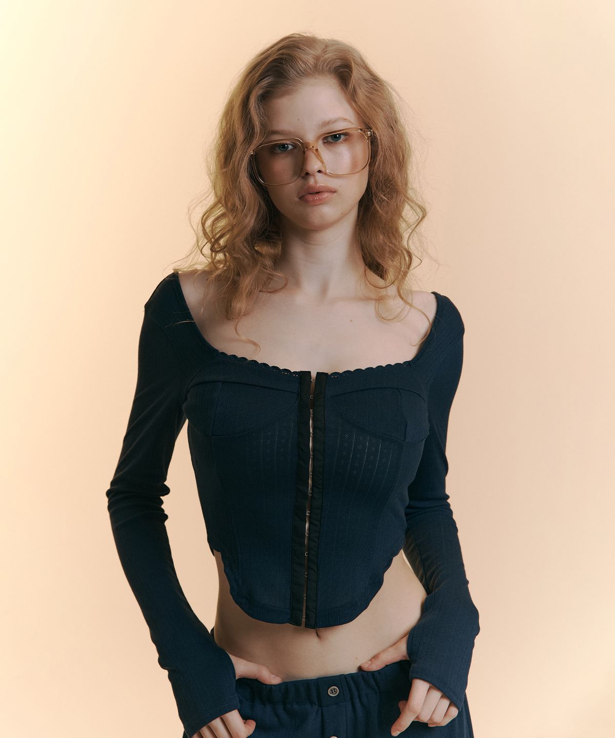 플리즈노팔로우(PLEASENOFOLLOW) Joan Corset Long Sleeve Top (Navy)