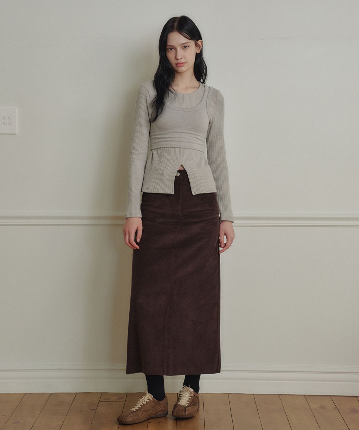 마롯(MARROT) Corduroy Slim Skirt_Brown