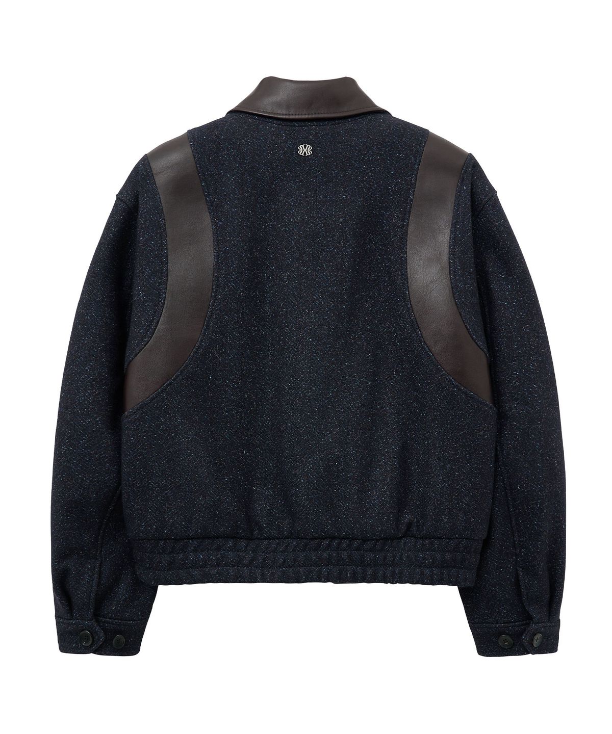 언지미크(UNGIMMICK) LEATHER TRIM HERRINGBONE VARSITY JACKET (NAVY BROWN)
