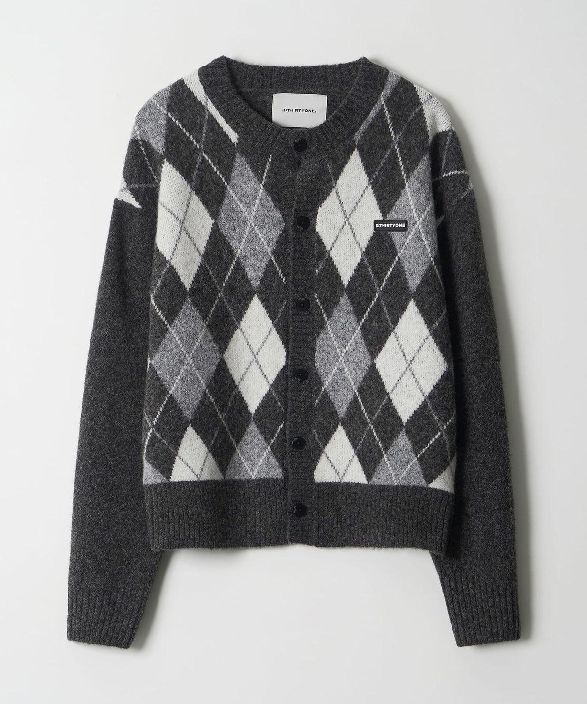 디써티원(DTHIRTYONE) Round-Neck Argyle Cardigan (GREY)
