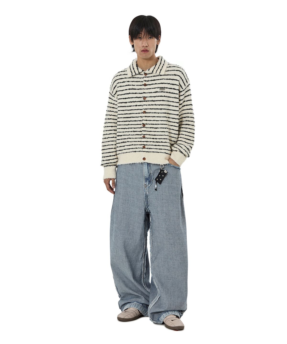 오픈야드(오와이)(OPENYARD(OY)) STRIPED BOUCLE COLLAR KNIT CARDIGAN - IVORY