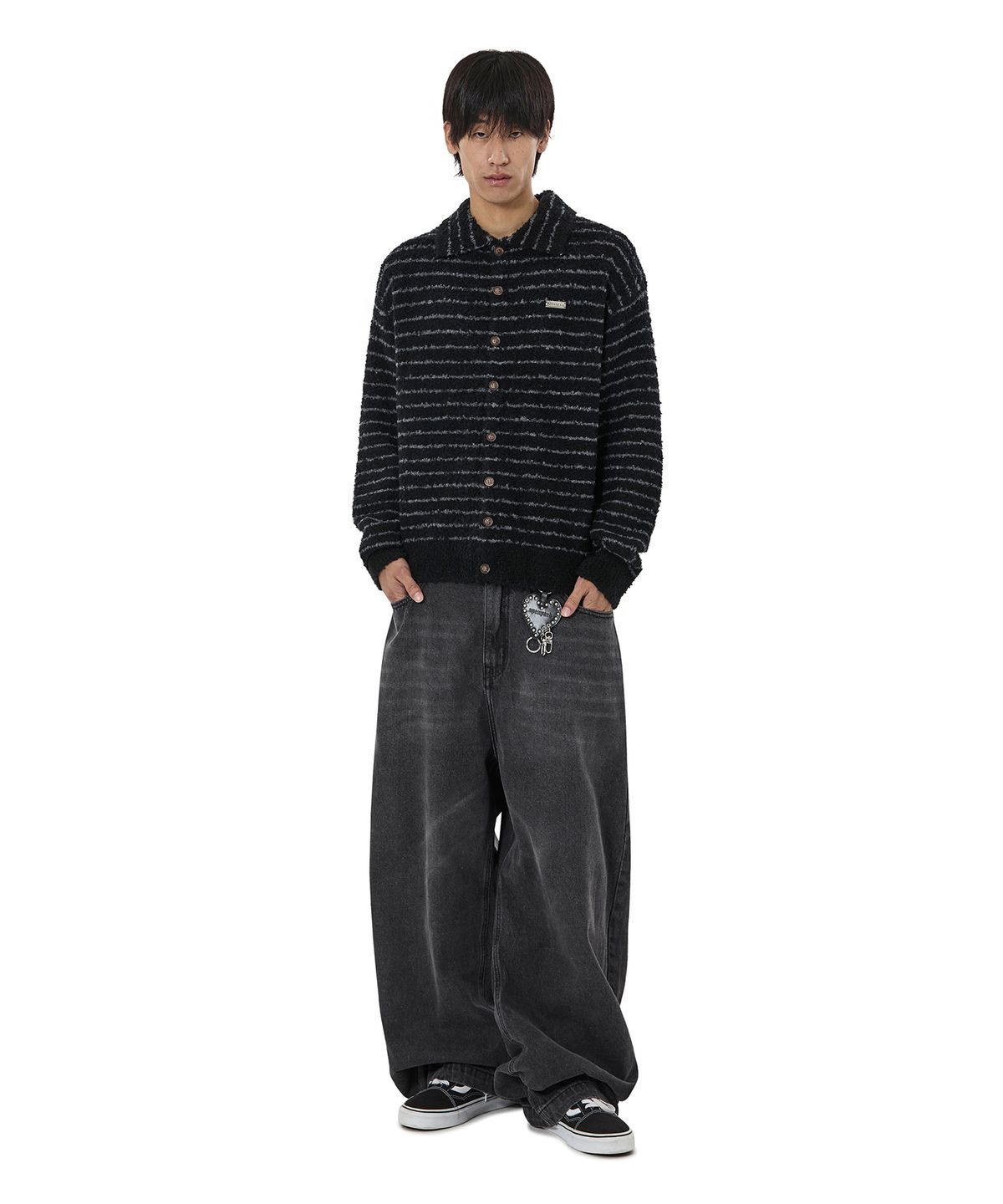 오픈야드(오와이)(OPENYARD(OY)) STRIPED BOUCLE COLLAR KNIT CARDIGAN - BLACK