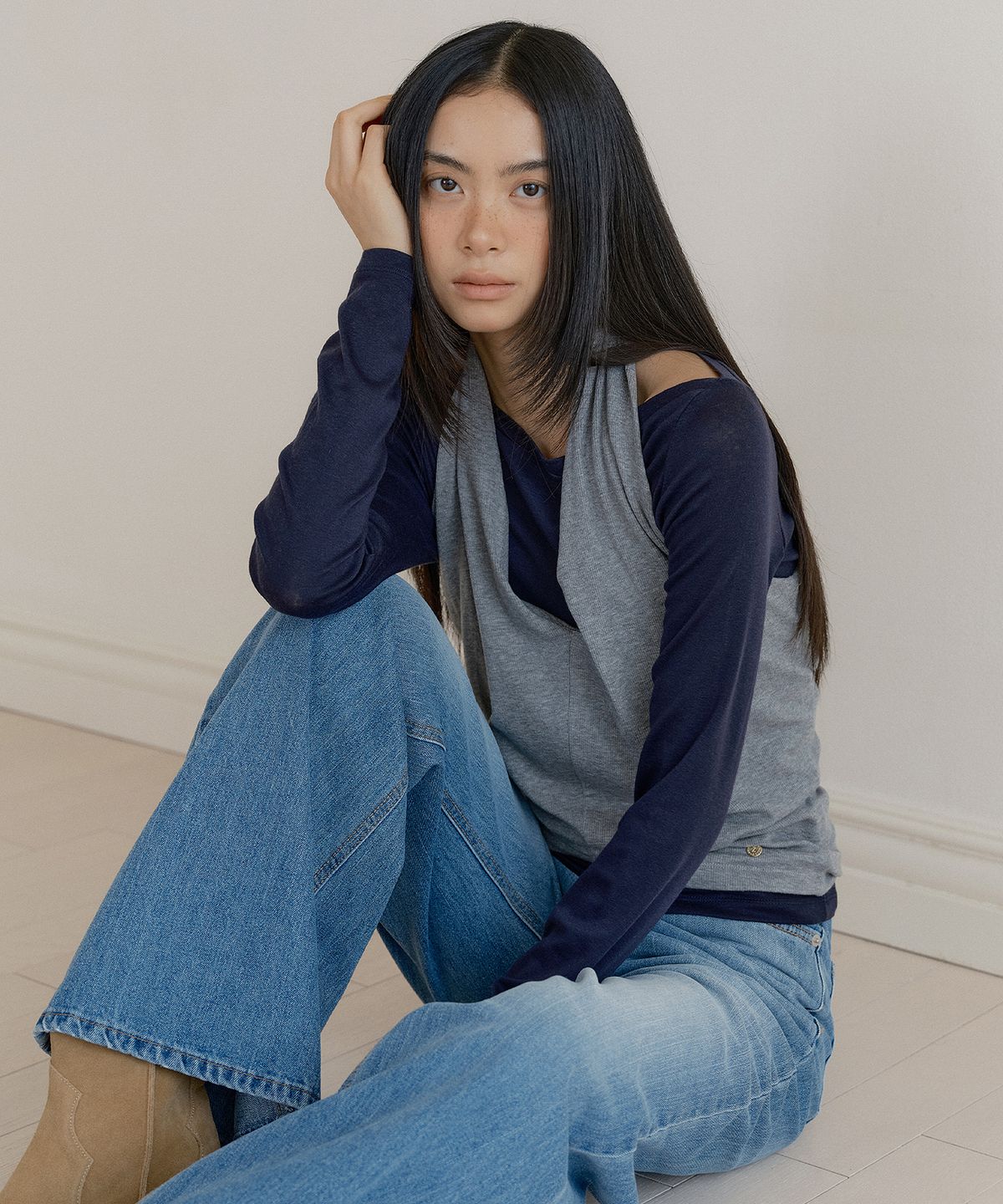 루시르주(LUCIR ZU) Cowl Tank & Boatneck Top Set (gray)